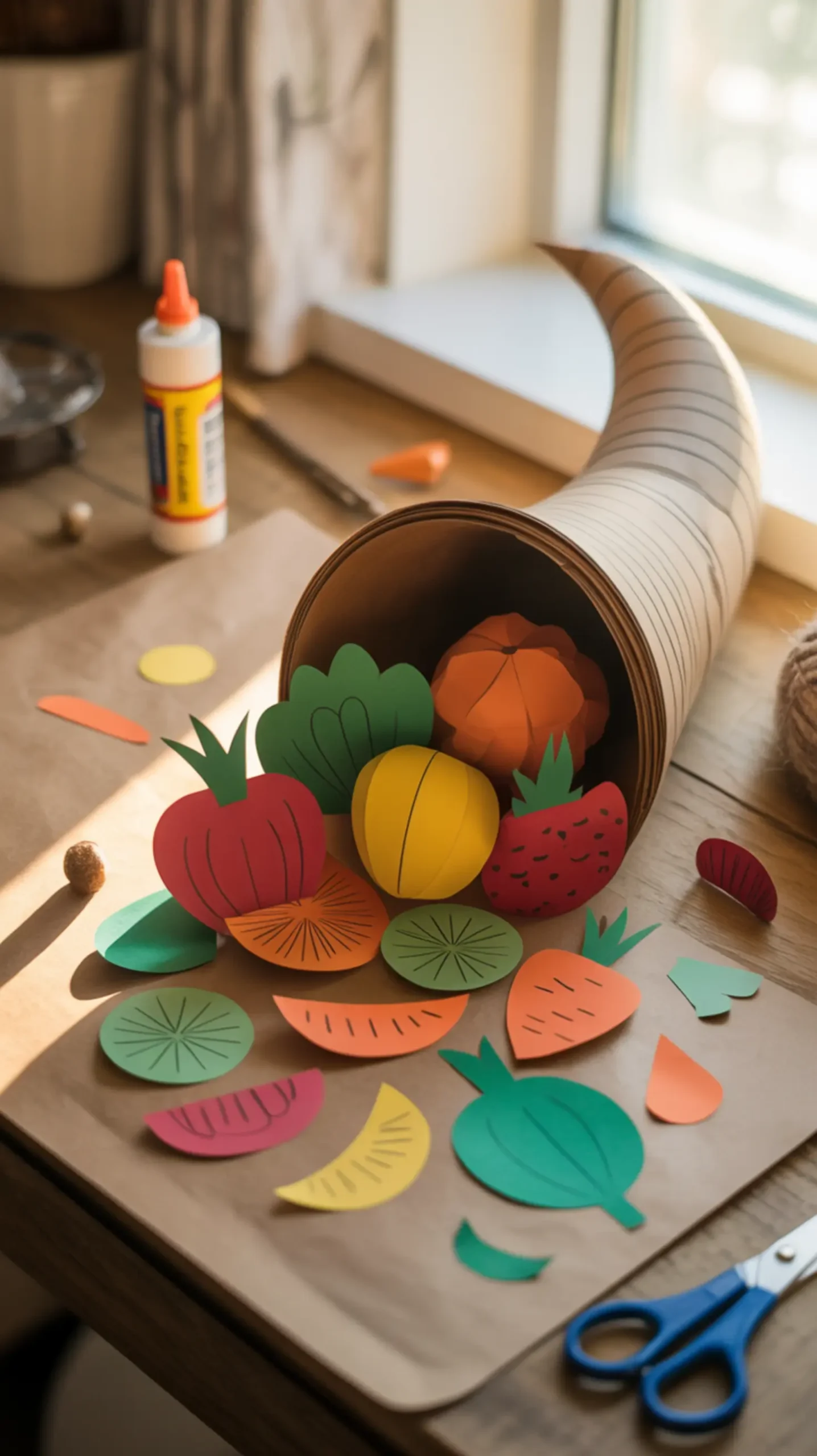 "10 Thanksgiving Crafts for Preschoolers That Practice Scissor Skills (Easy & Fun)" 8 Vegetables spilling they kid with look like a p and are colorful glued out cornucopia image paper fruits cut to 8