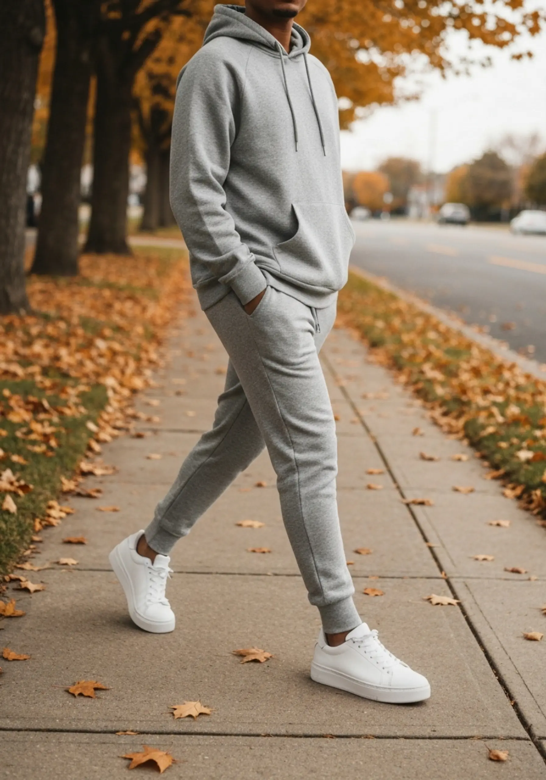 White woman elevated hoodie with a grey p wearing set clean and heather image jogger paired sneakers 8