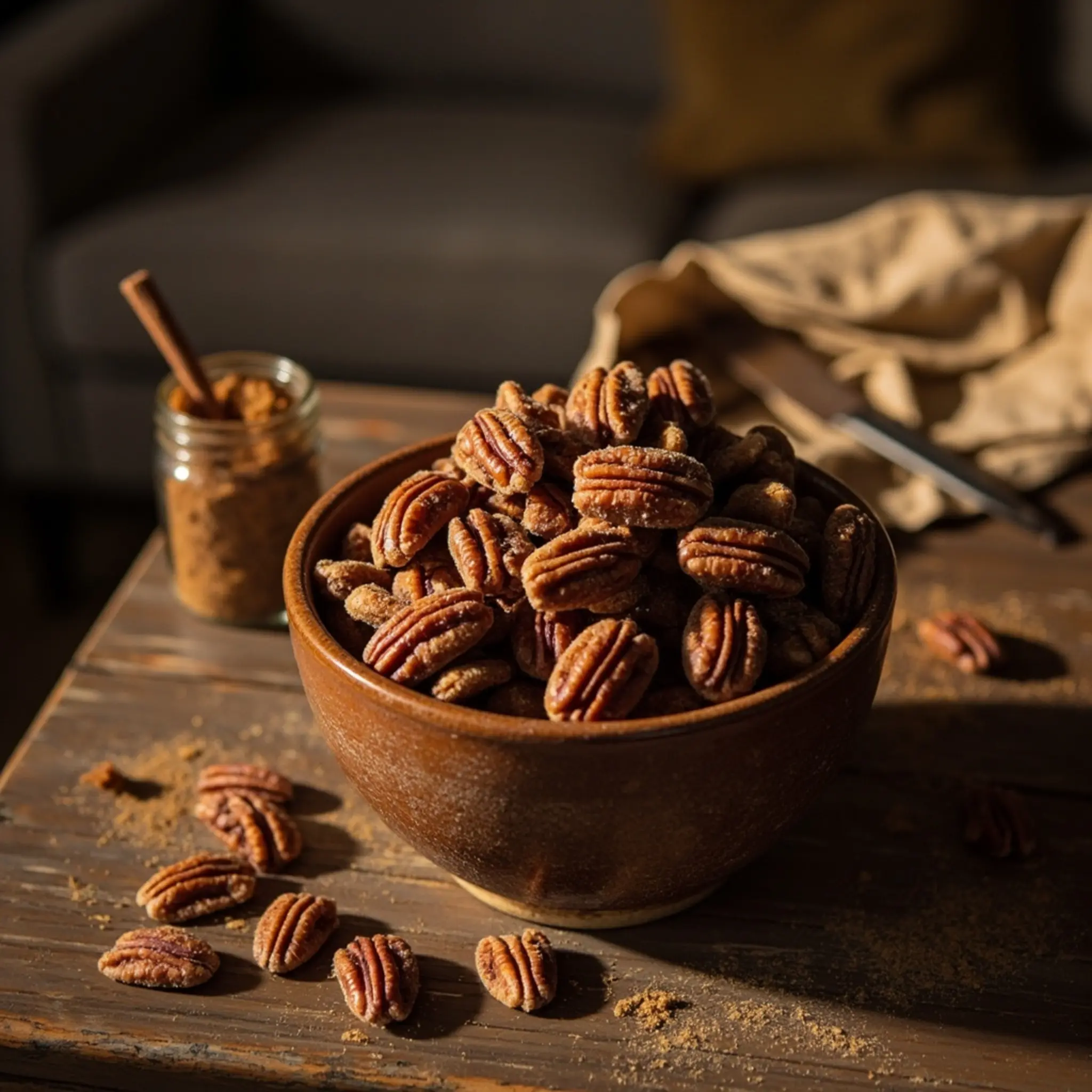 Pecans with on a scattered p the it candied image rustic filled beside bowl glistening few table 8