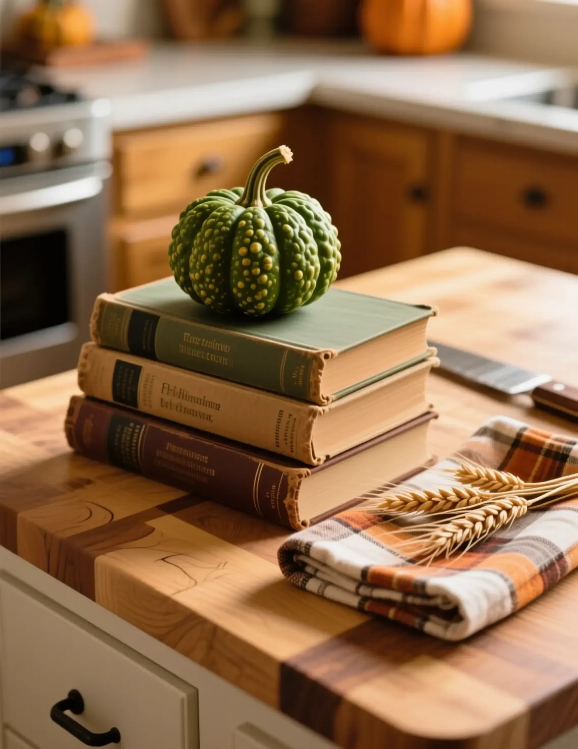 With looking bumpy on a of vintage stack p small gourd green image cookbooks resting top three 8