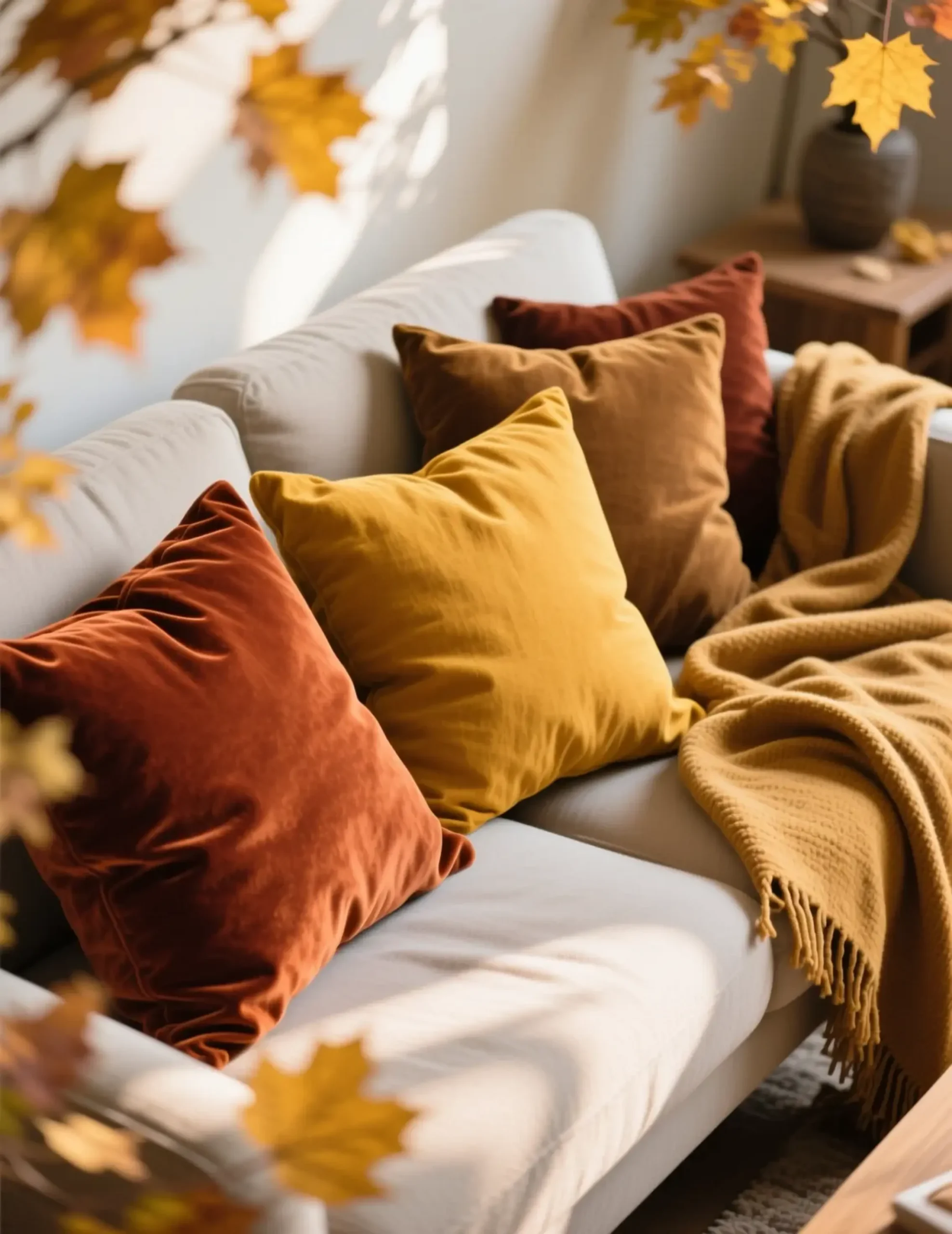 "5 Things to Put Away (And 5 to Add) When Decorating for Thanksgiving" 8 Stylish fall warm with a pillows sofa of decorated p and in image velvet earthy tones patterned mix 8