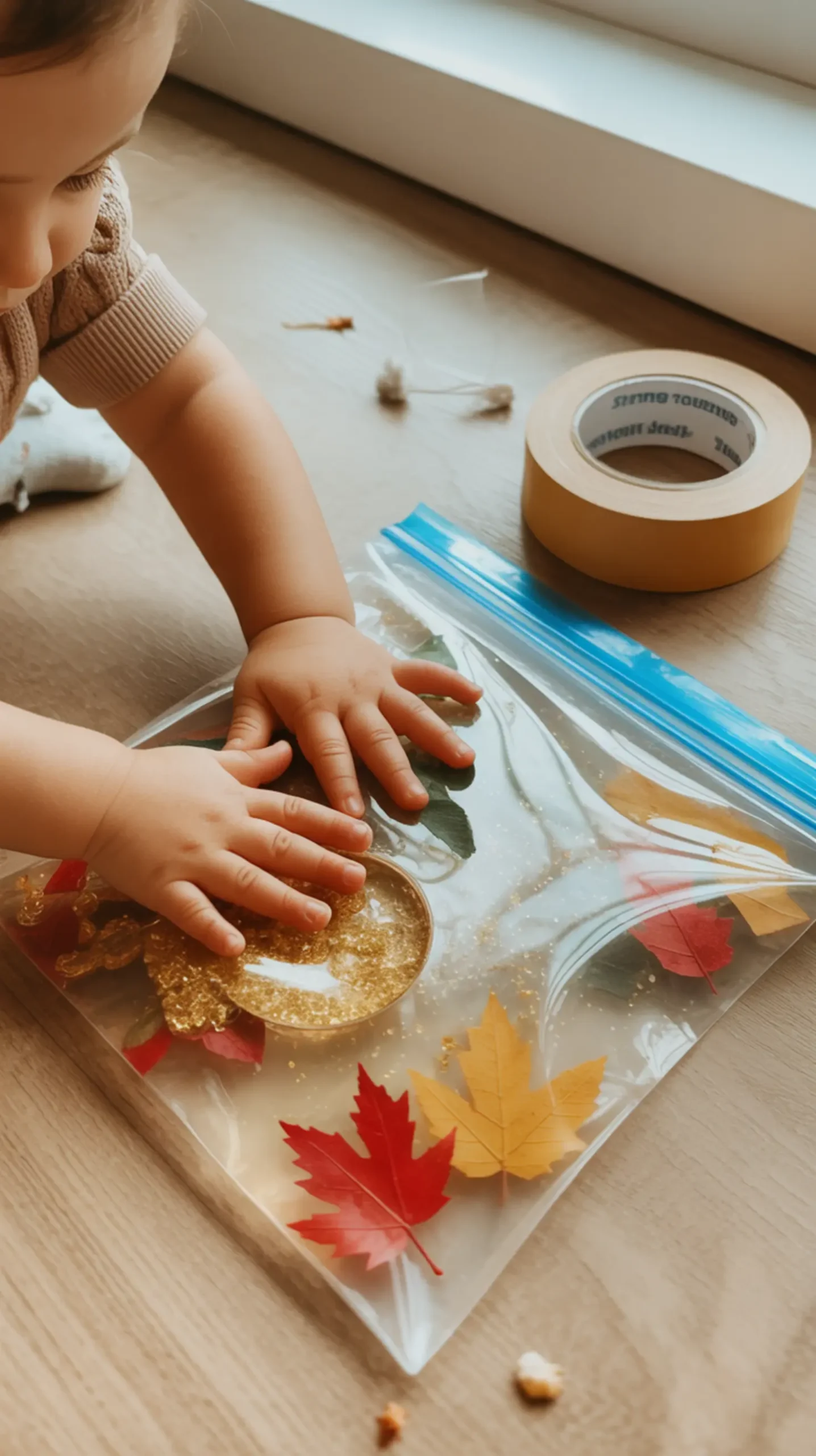 Flat hands leaves gel with pressing on a toddler s p small bag tray glitter and 8217 sealed clear image filled ziploc plastic highchair laid 8