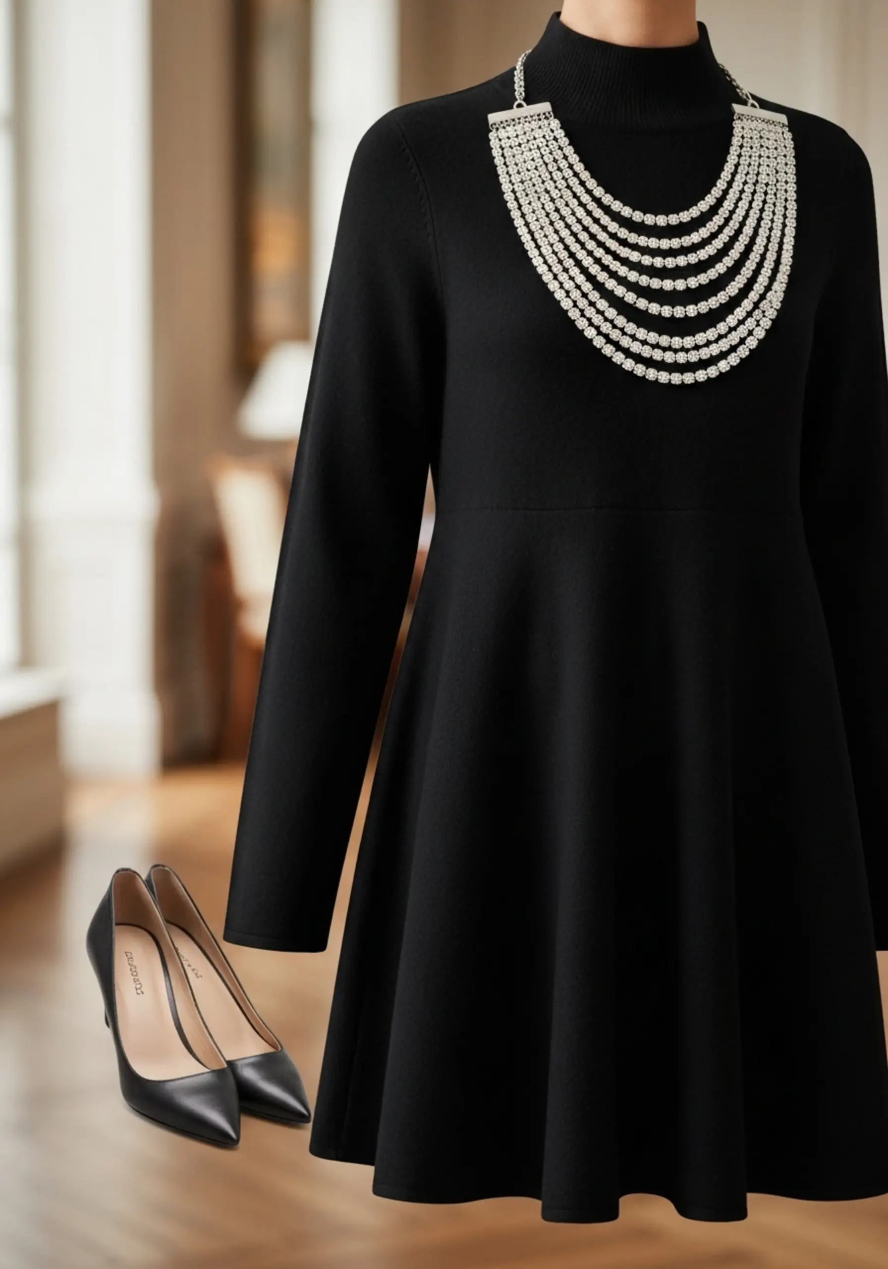 Bold flats woman accessorized black sweater with dress neck a p wearing silver and statement trapeze image necklace toe mock 8 pointed