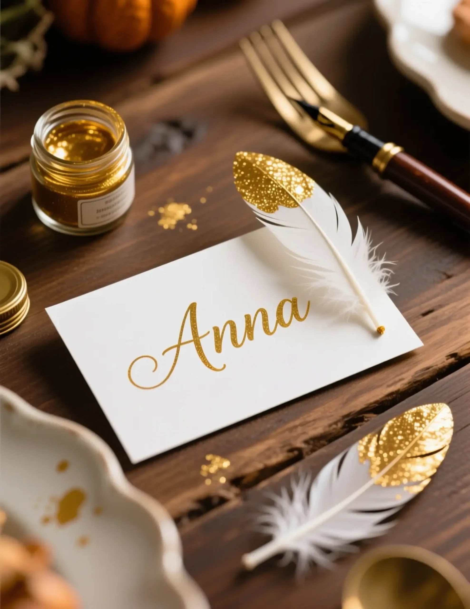 Gold tipped h2 cards feather place elegant 8