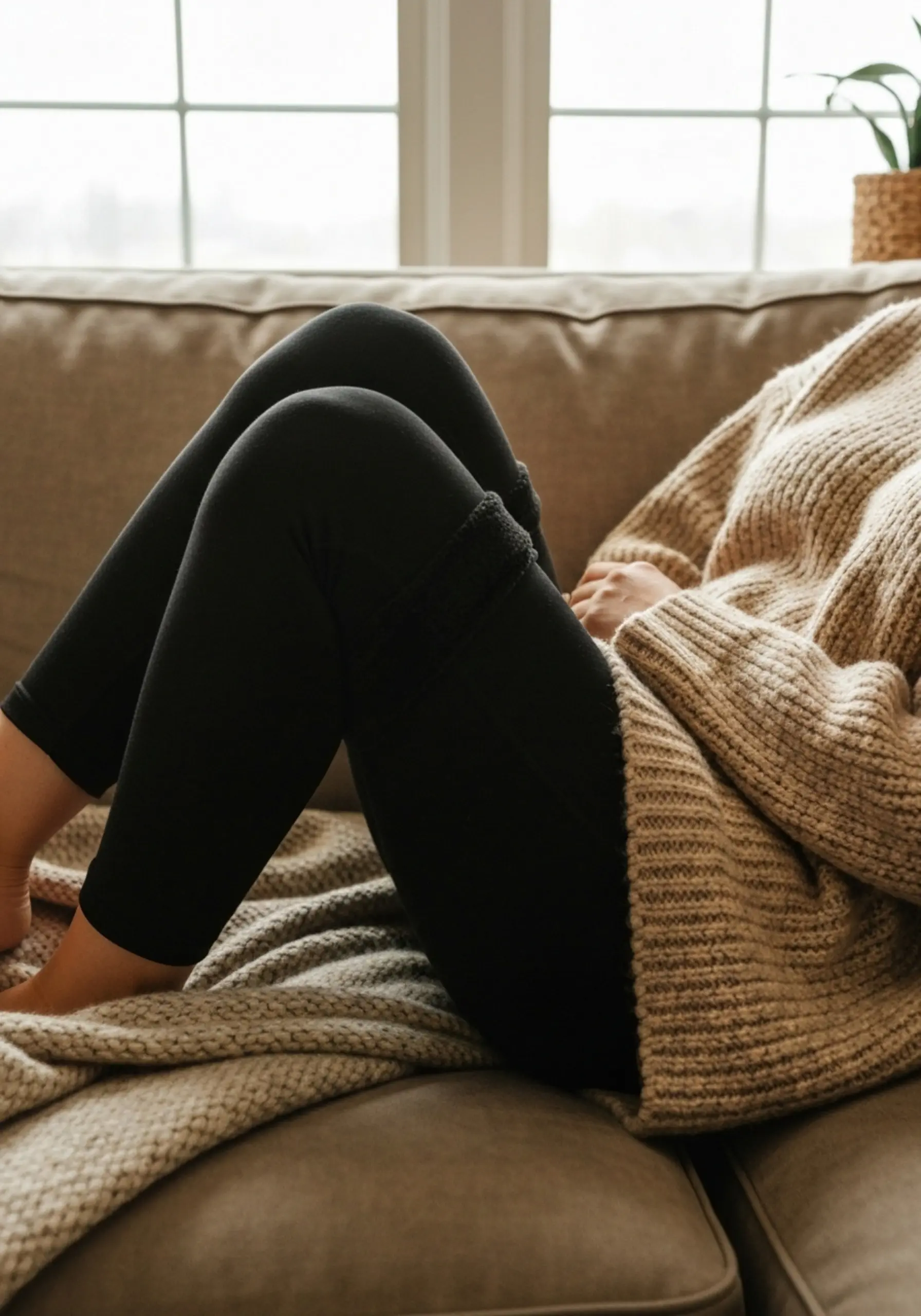 Curled woman black sweater fleece on a leggings up p wearing couch and an oversized image lined oatmeal colored tunic 8