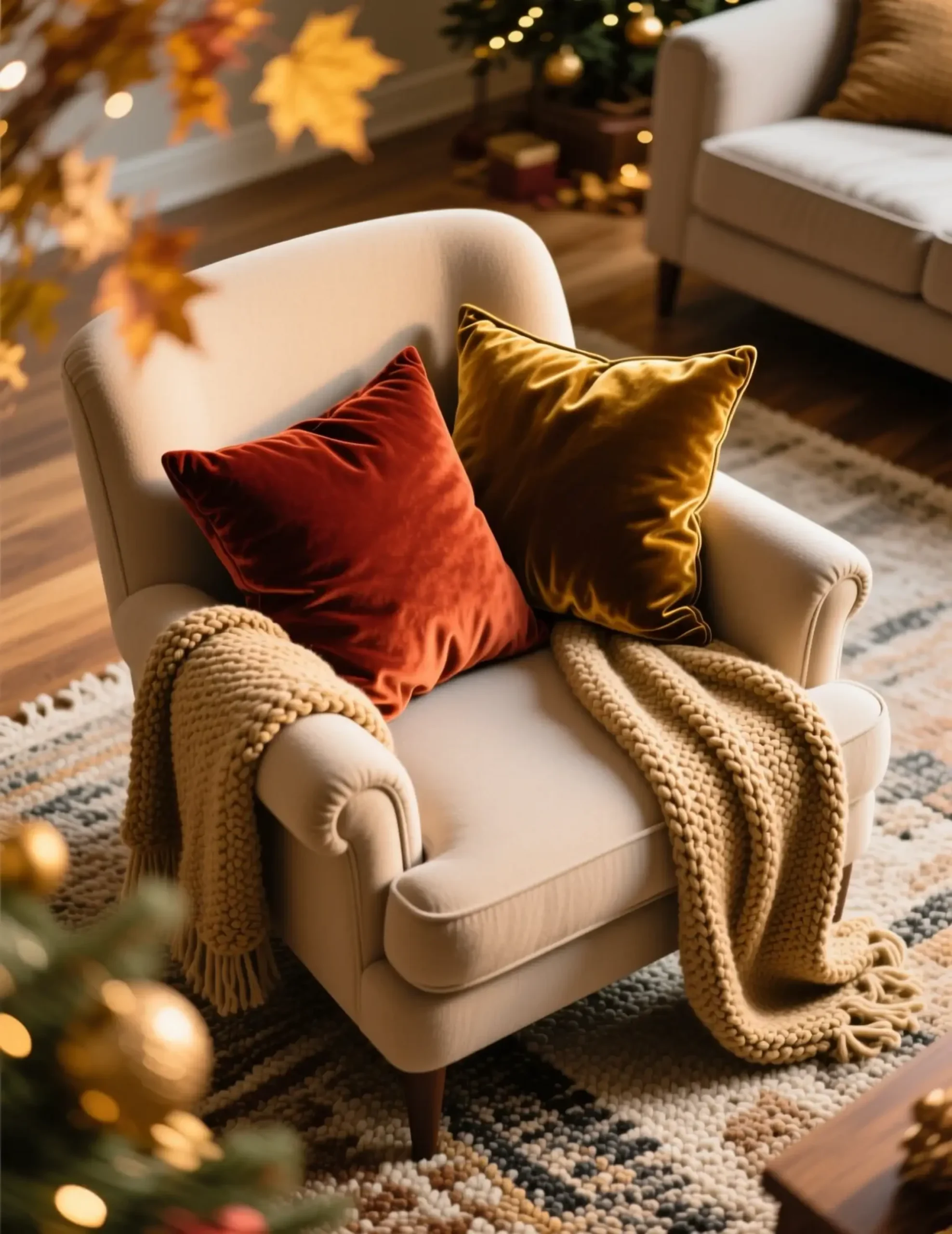 "10 'High-End' Thanksgiving Decor Dupes (Pottery Barn Looks for Less)" 8 Velvet cozy nestled armchair a two pillows of in rich p corner colored with image the 8