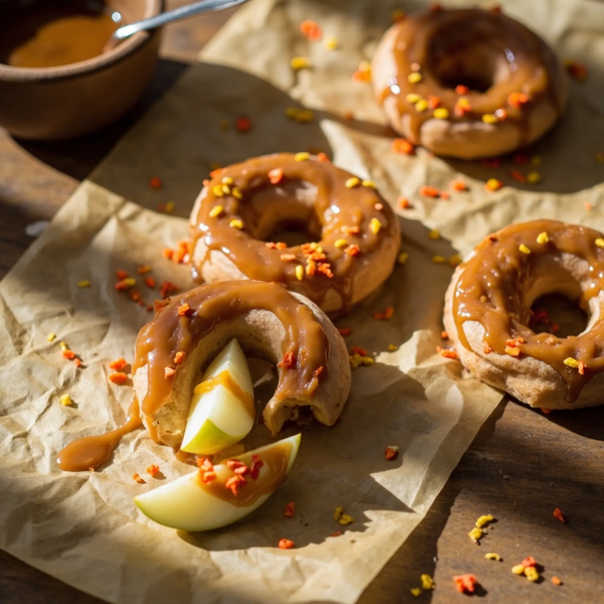 Several festive parchment sprinkles orange with golden on a of p sauce shot apple and caramel down image paper drizzled rings top yellow 8