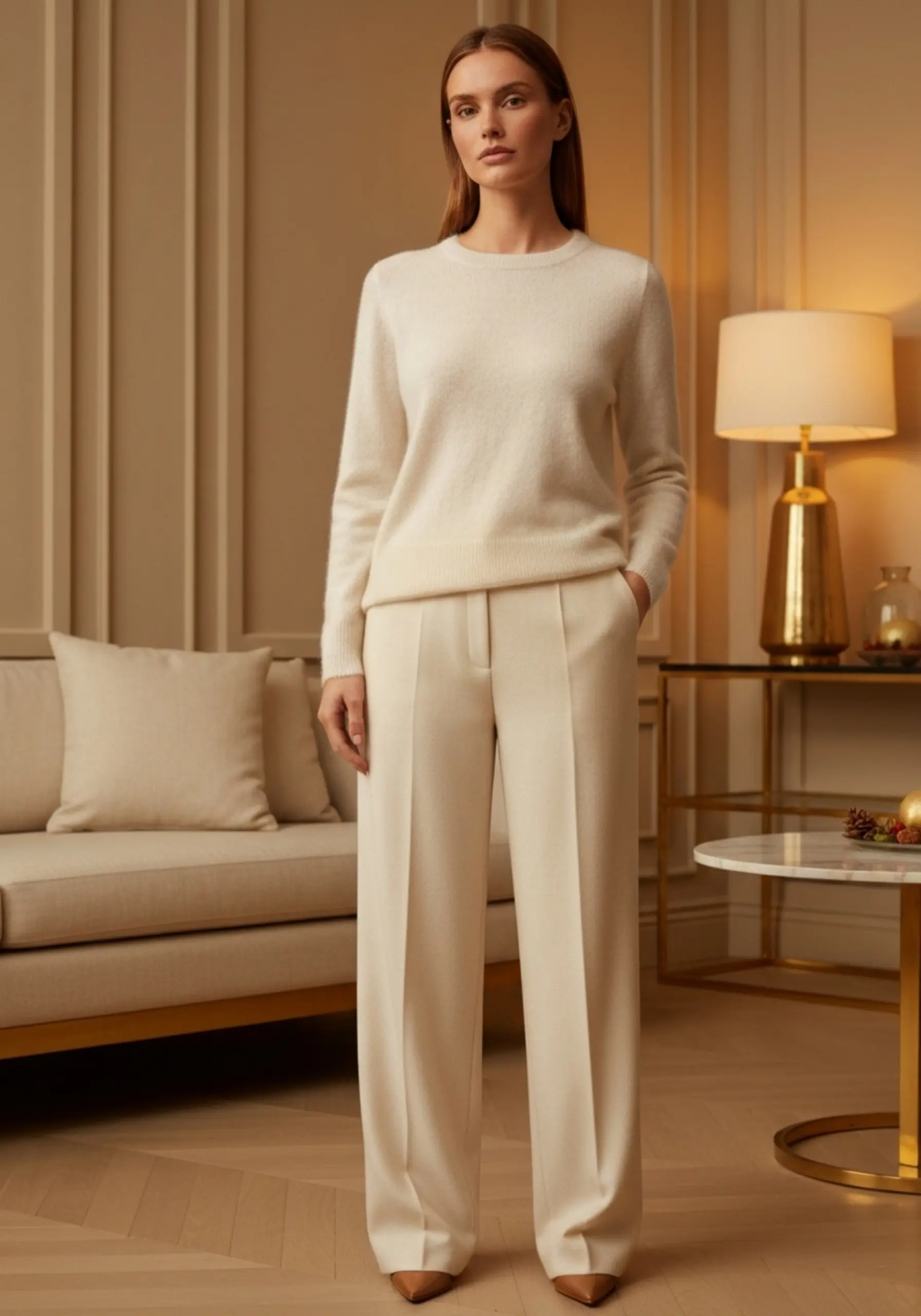 "15 'Casual Chic' Thanksgiving Outfit Ideas (When You're a Guest)" 9 Sweater creating outfit with trousers look a monochromatic of p cream an image chic matching cashmere elegant paired wool 9