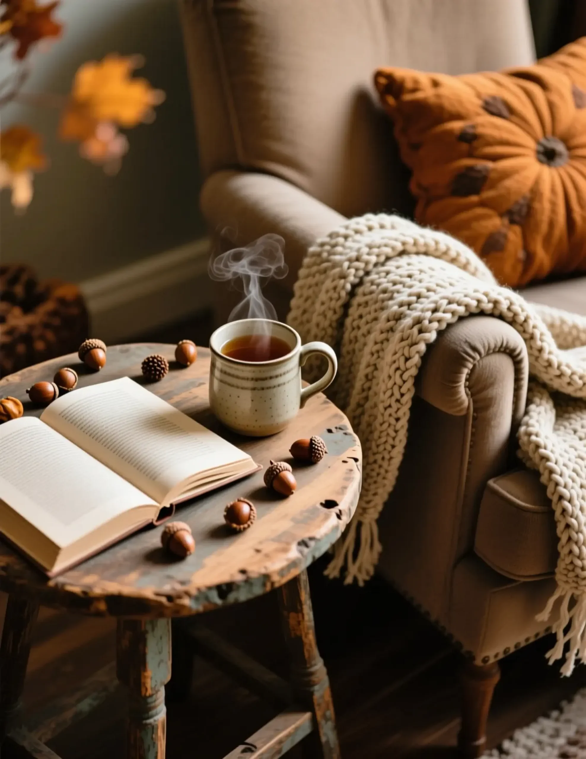 "5 Things to Put Away (And 5 to Add) When Decorating for Thanksgiving" 9 Cozy corner knit on a of p side featuring chunky armchair and tea table image cup blanket plush steaming 9