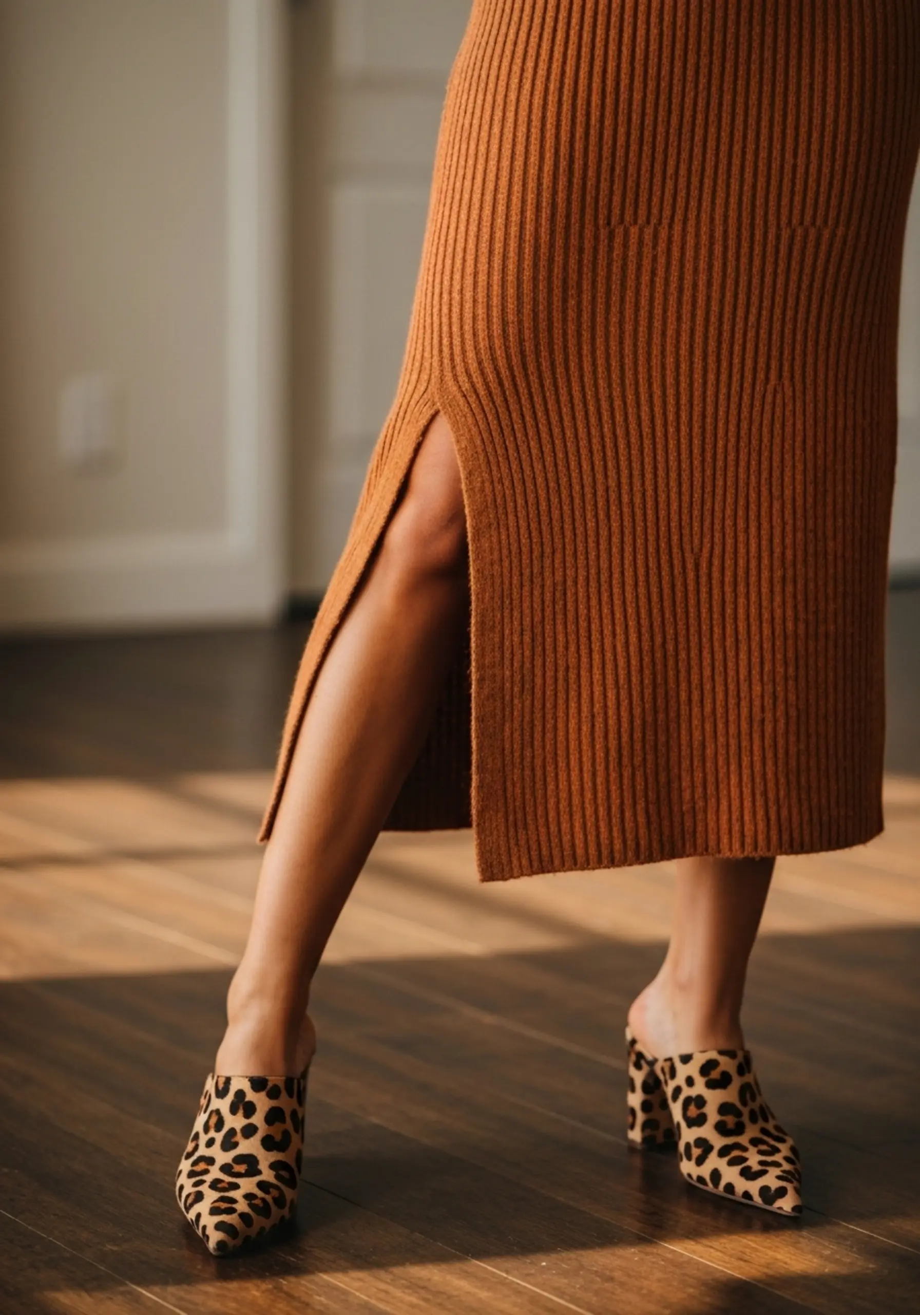 Woman half sweater with dress showing pair midi off a of p mules wearing side rust the slit image print heeled leopard lower colored 9