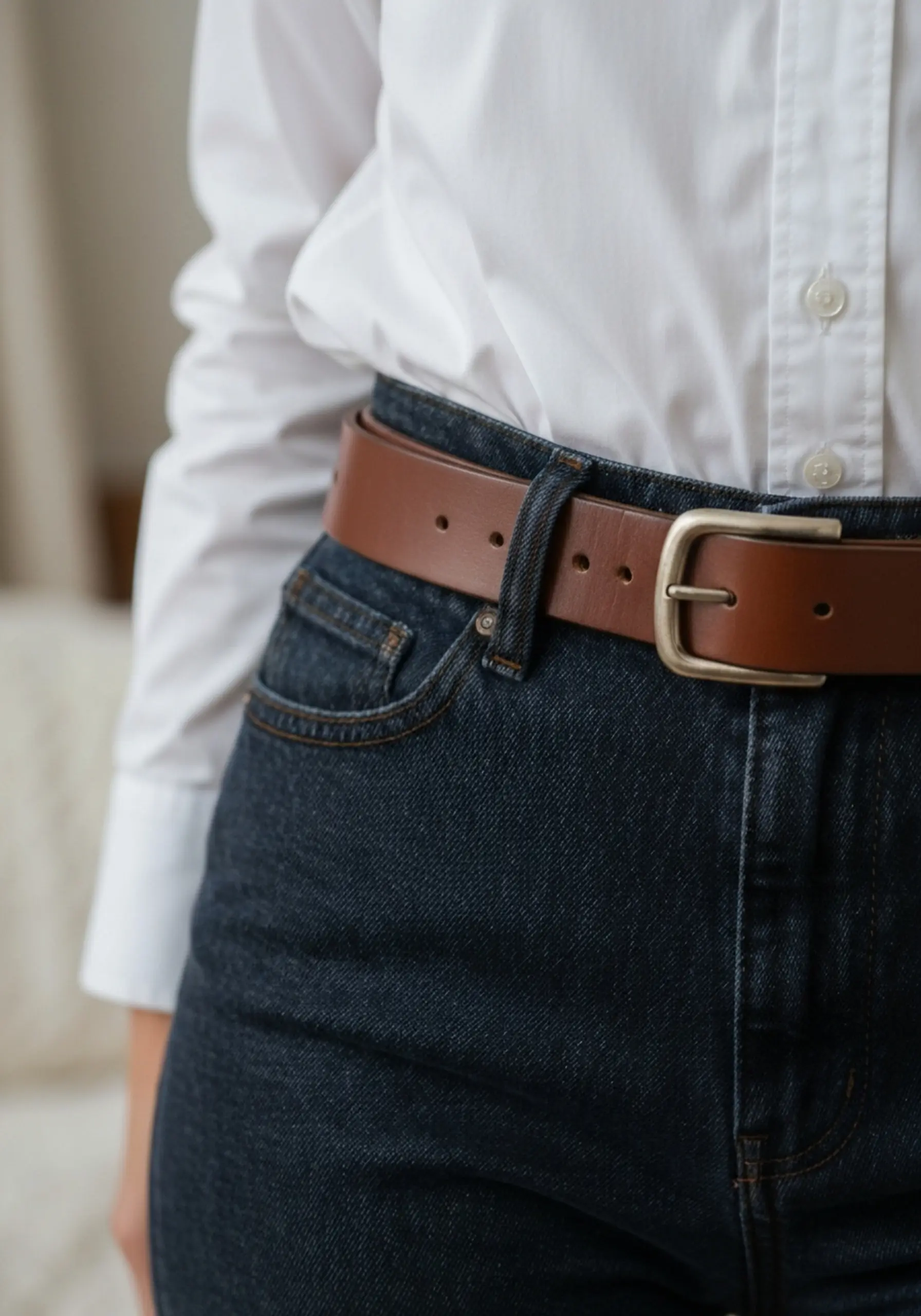 Stylish white brown jeans waist dark with focal showing on a waisted up shirt button p the into close tucked leather as down high belt clear crisp image area point 9