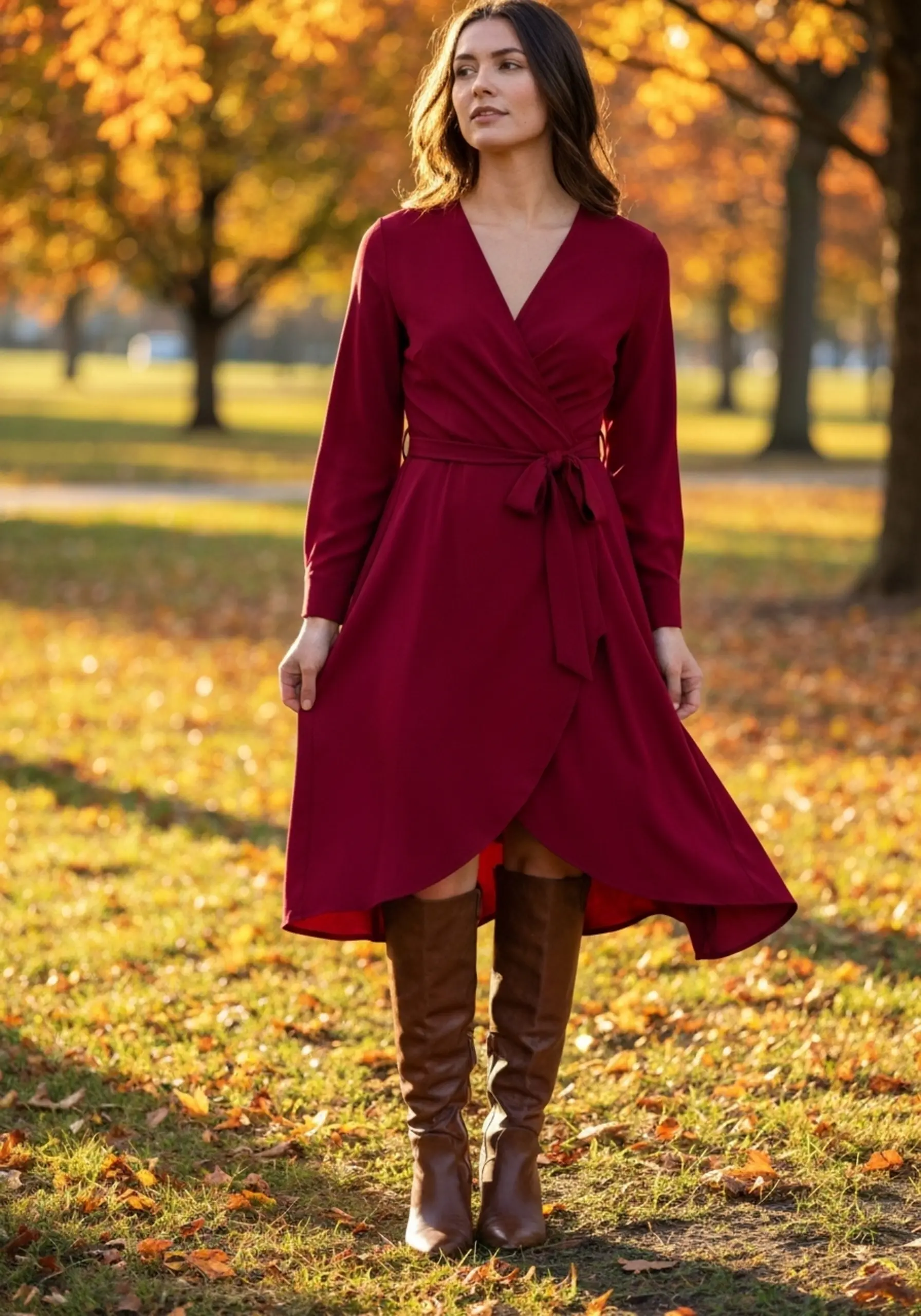 Woman tied brown waist boots with dress knee a p the deep in at beautiful high image wrap elegant red paired 9