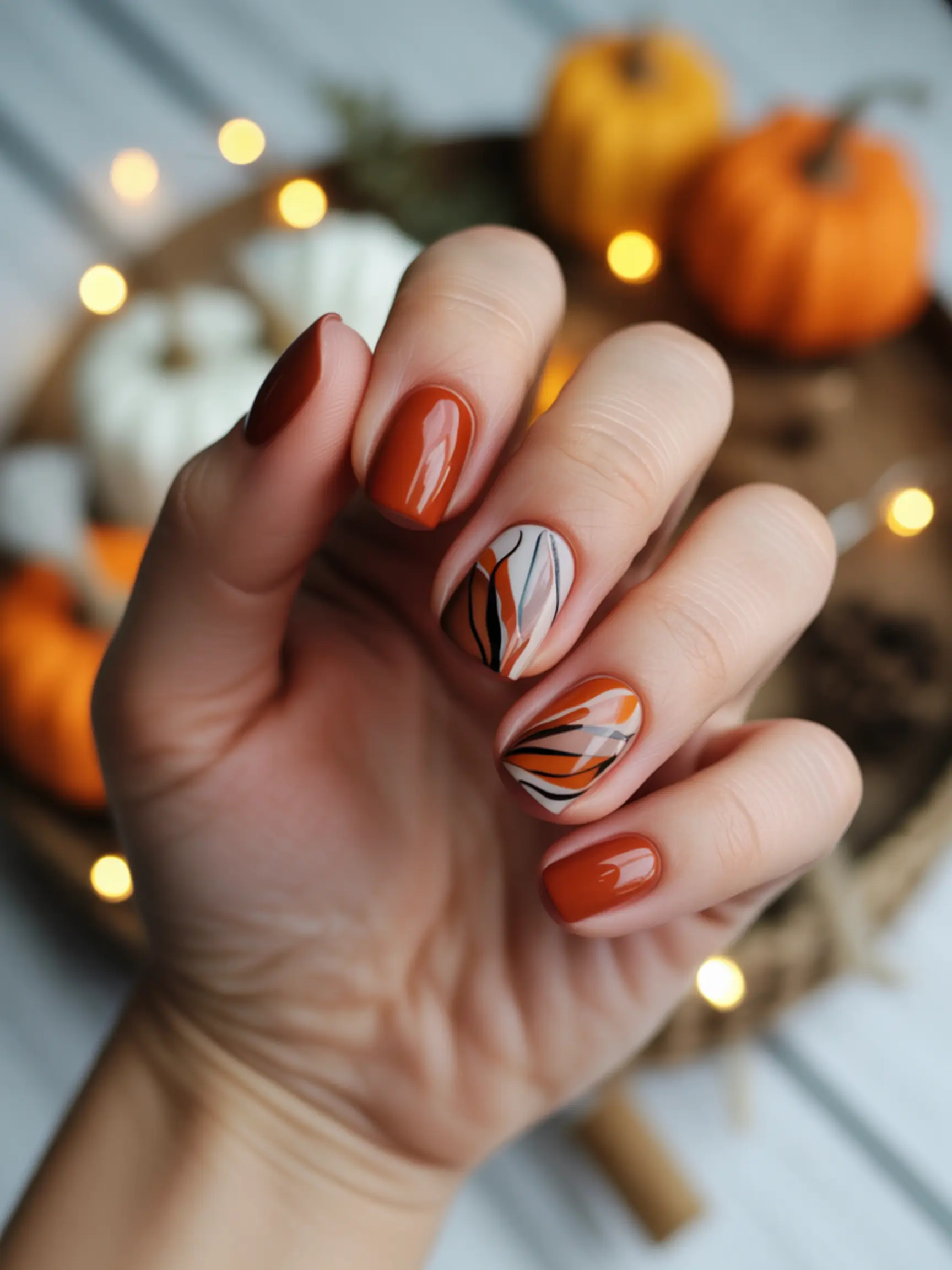 "20 Cute Turkey Nail Art Ideas for Thanksgiving (That Aren'T Tacky)" 9 Abstract fall showing geometric colors made p clean shapes and an in accent turkey nail image from lines 9