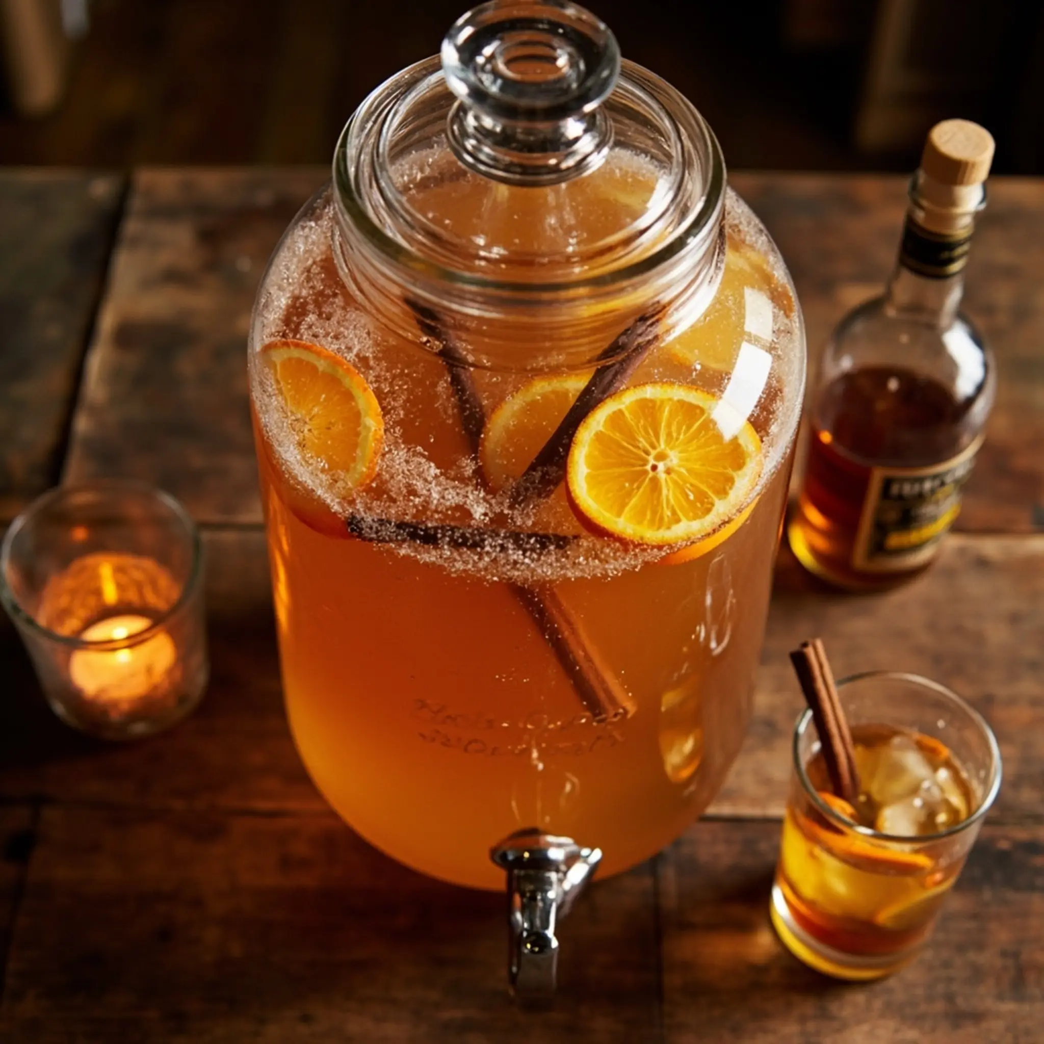 "10 Genius Ways to Save Money on Your Thanksgiving Groceries This Year" 9 Drink festive orange with a dispenser p glass apple slices and cider image filled large sticks cinnamon punch garnished 9
