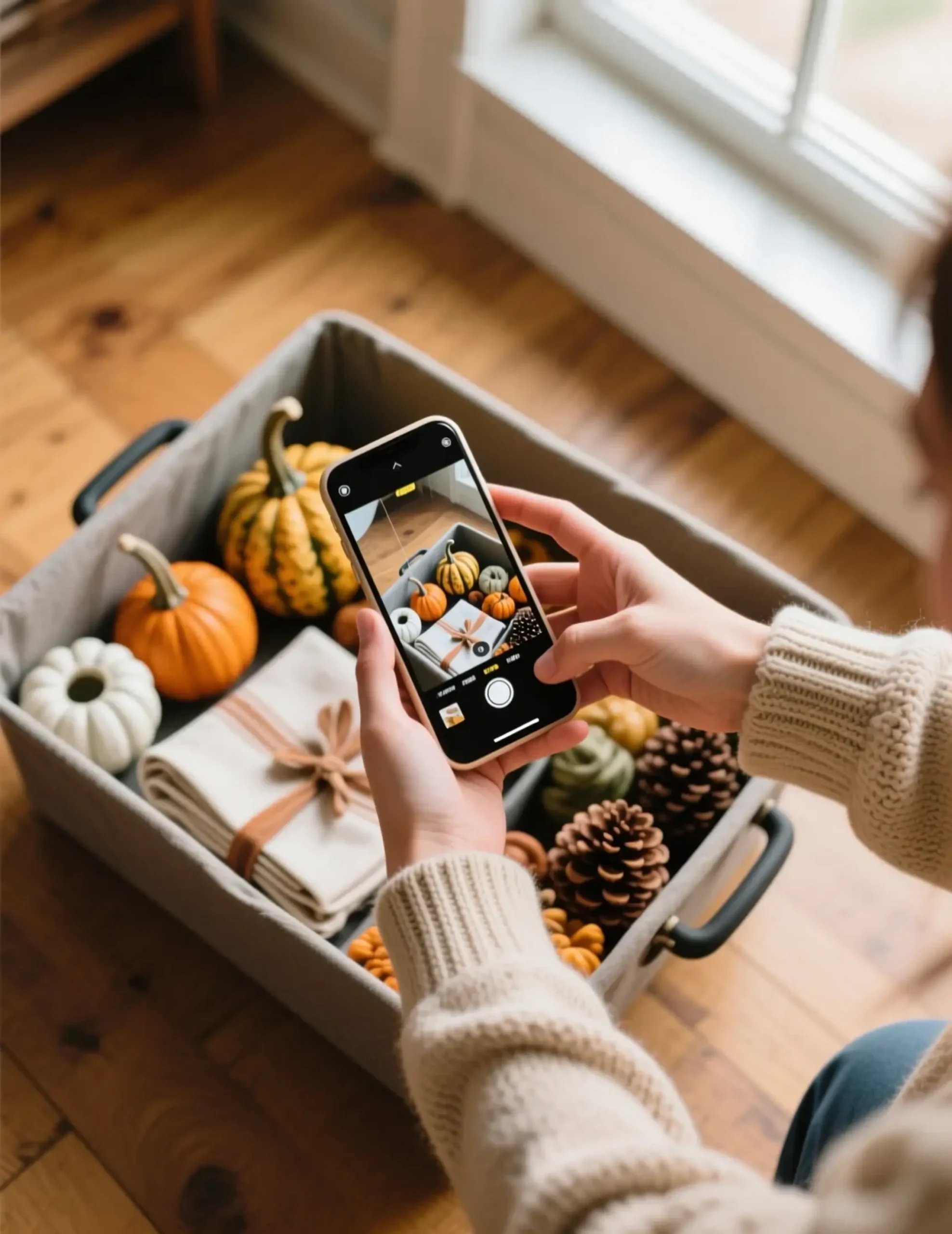 Bin fall with decor a of taking p the contents and an storage person smartphone open image filled holding picture 9