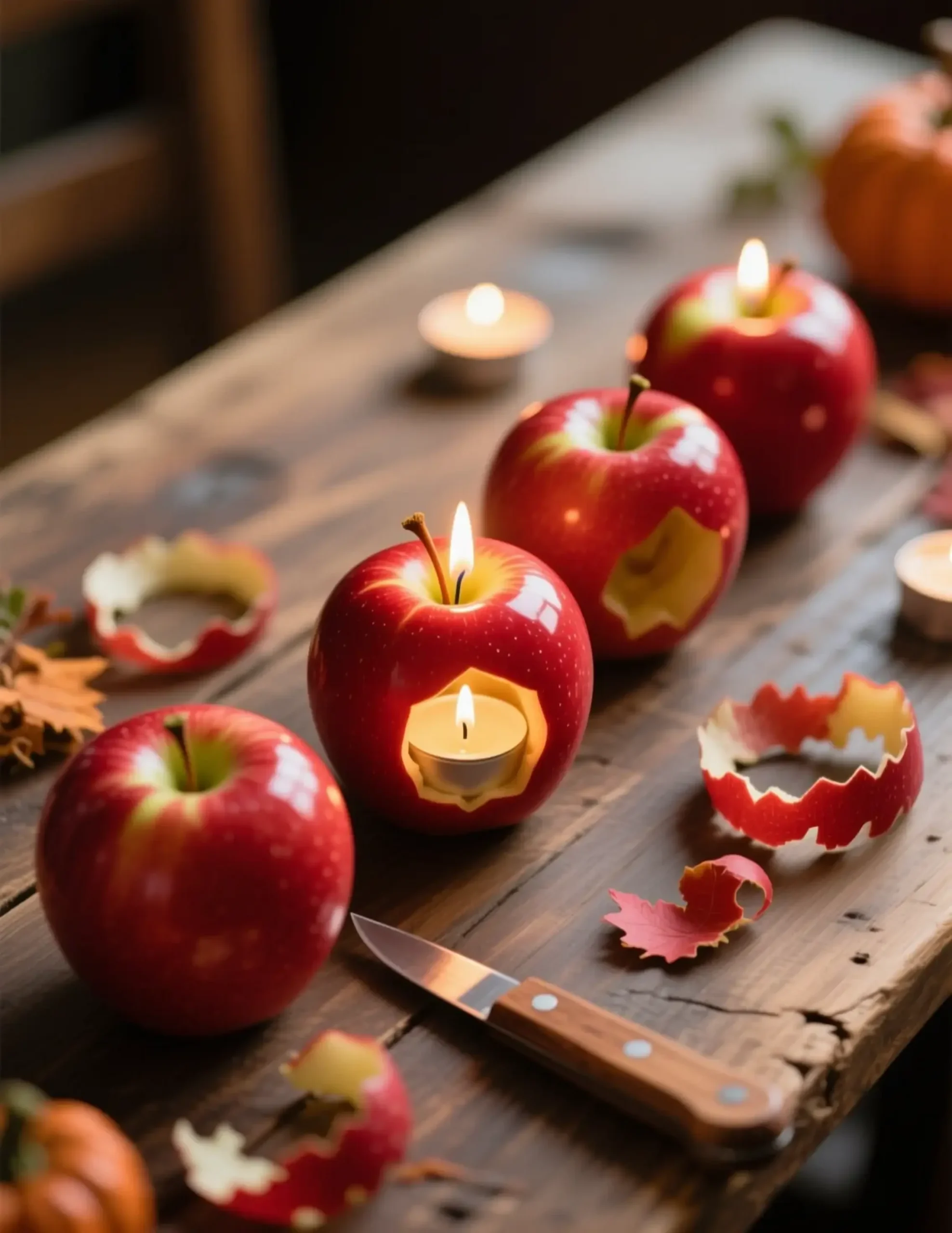 Carved center with line apples shiny on a of each p tea out image runner candle wooden holding light lit red table 9