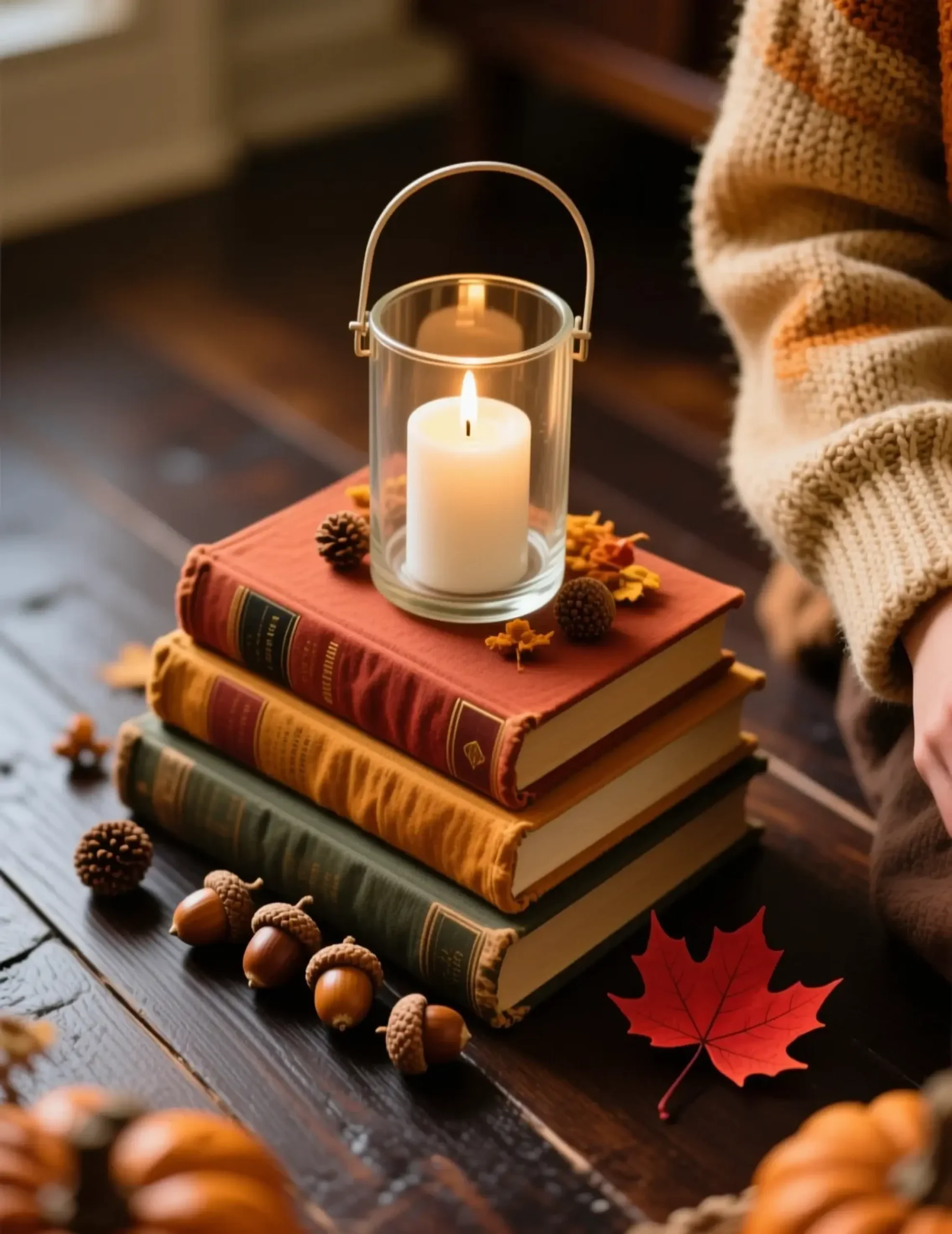 Books hurricane by with a of vintage stack p glass topped in acorns image pillar candle lamp surrounded 9