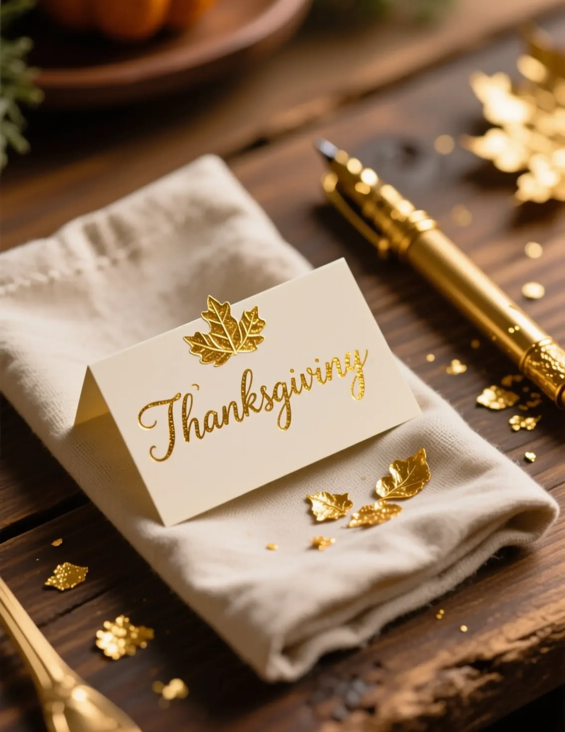 "10 'High-End' Thanksgiving Decor Dupes (Pottery Barn Looks for Less)" 9 Napkin card with on a handwritten up of p gold close beautifully details image resting folded leaf place 9