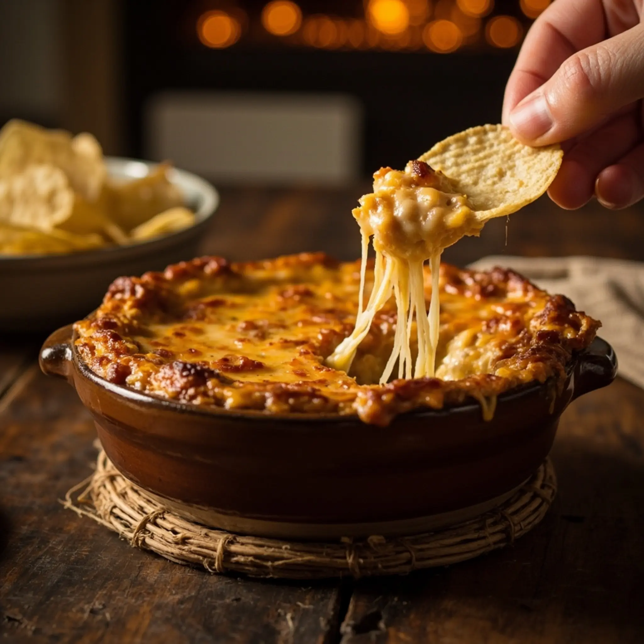 Brown with golden scooping portion a up shown p inside dip the potato stringy ceramic chip is image dish bubbly cheesy baking 9