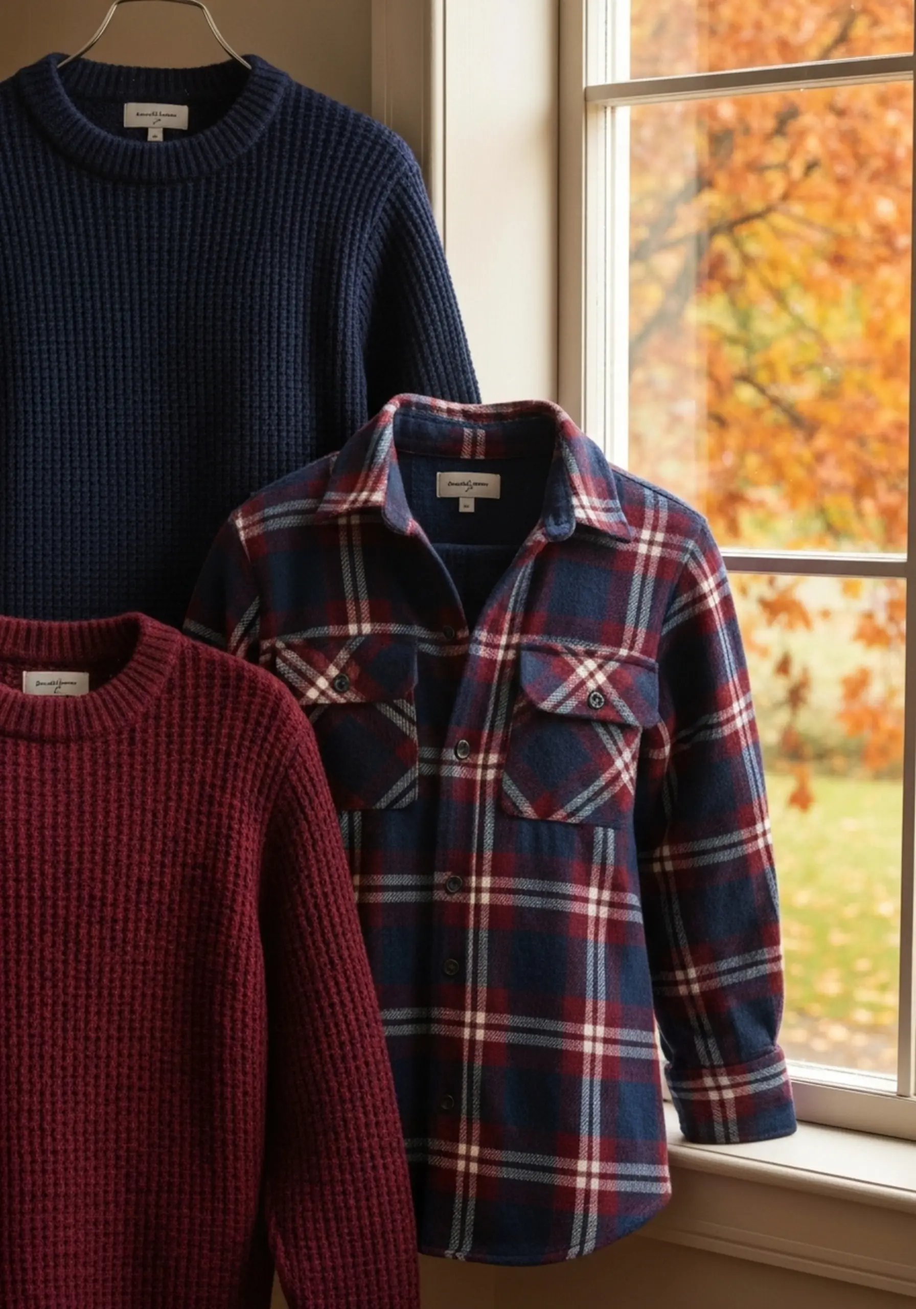 Where dressed wears burgundy family a shirt p the solid sweaters and son in are parents image navy plaid 9