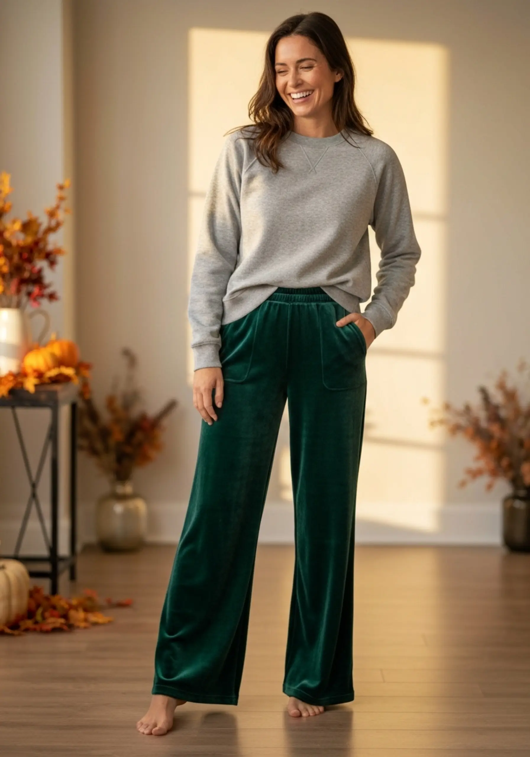 Leg happy woman looking wide a sweatshirt relaxed grey p velour crewneck and deep heather in green image pants 9