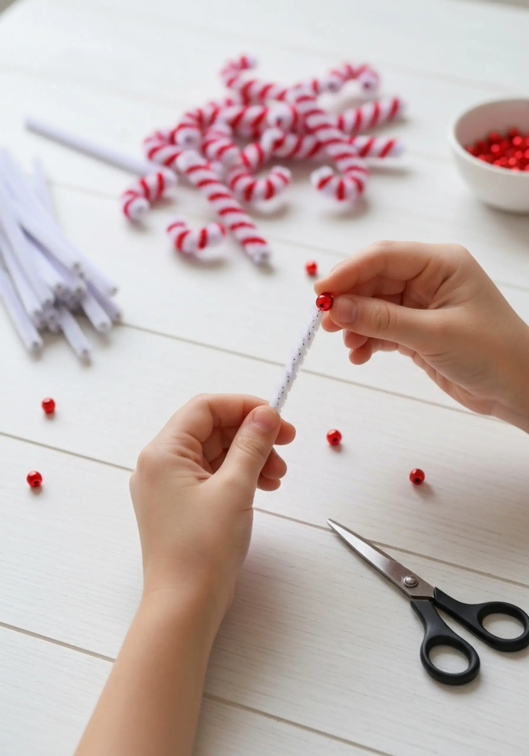 Child threading beads on pipe cleaner