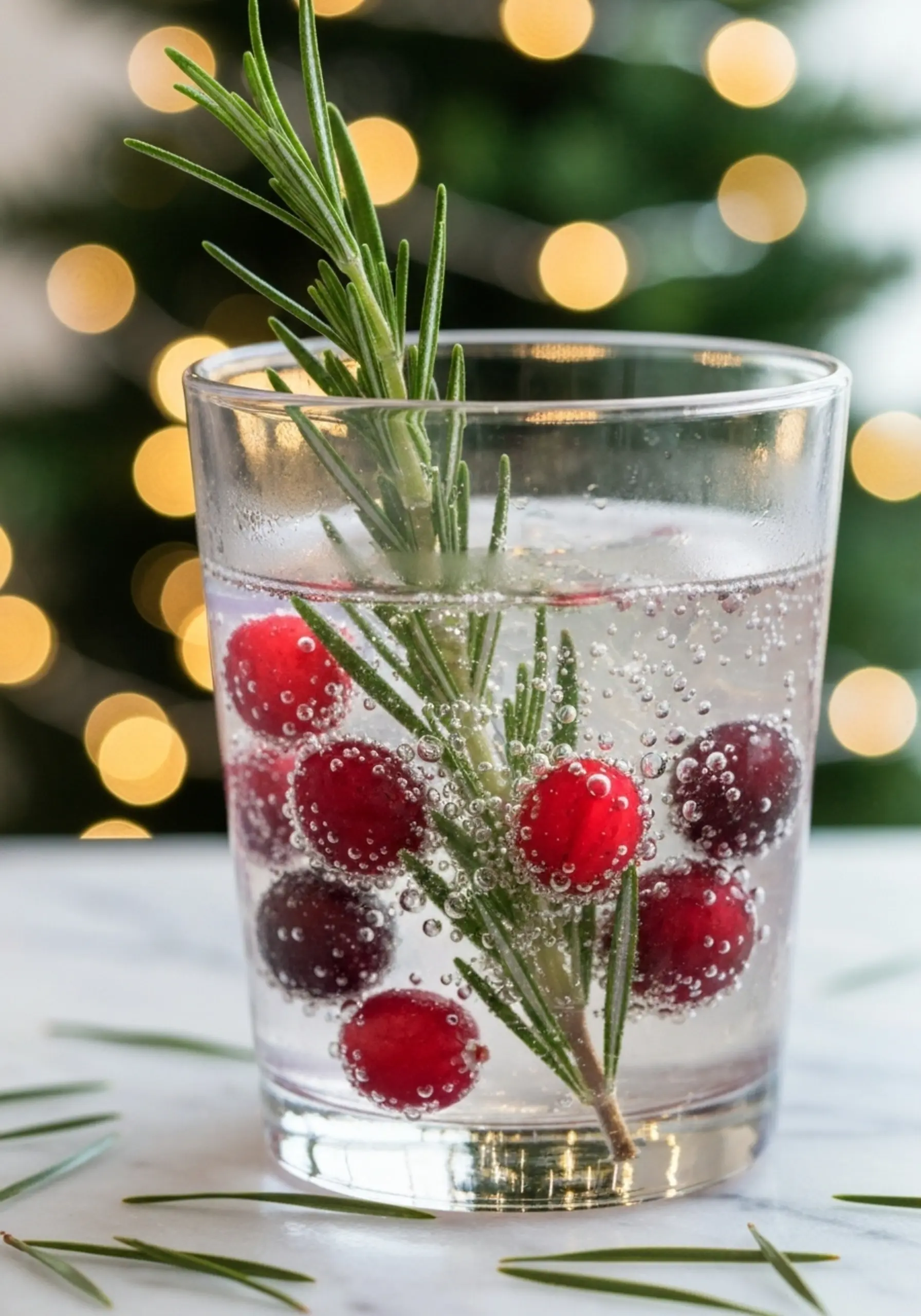 P should up image against of a in christmas bubbles the sprig 1 background herb cranberries blurred around red shot macro rosemary close fizzing tree pop green with