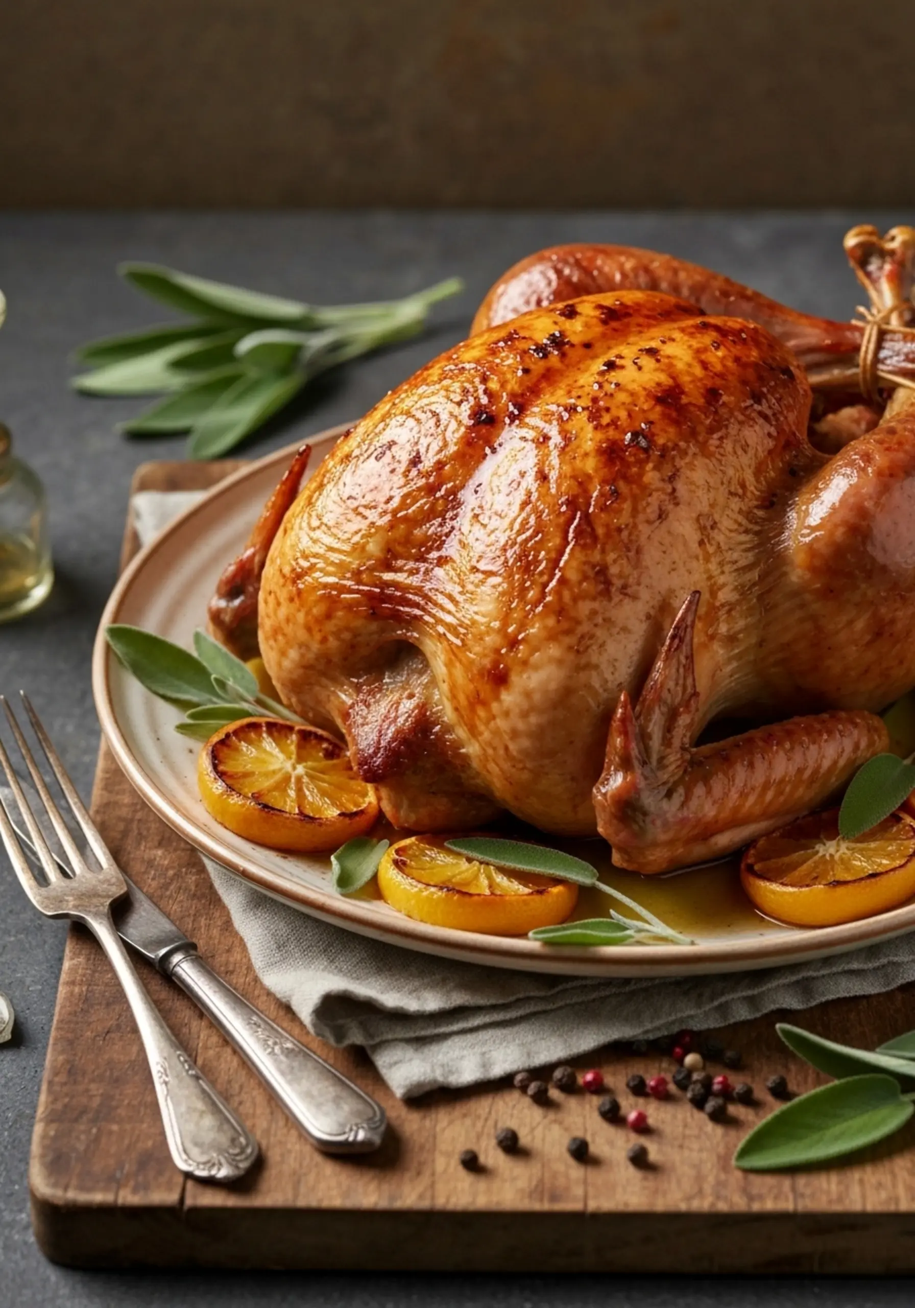 Citrus p whole image a on platter brown golden fresh by 1 surrounded sprigs roasted and turkey sage