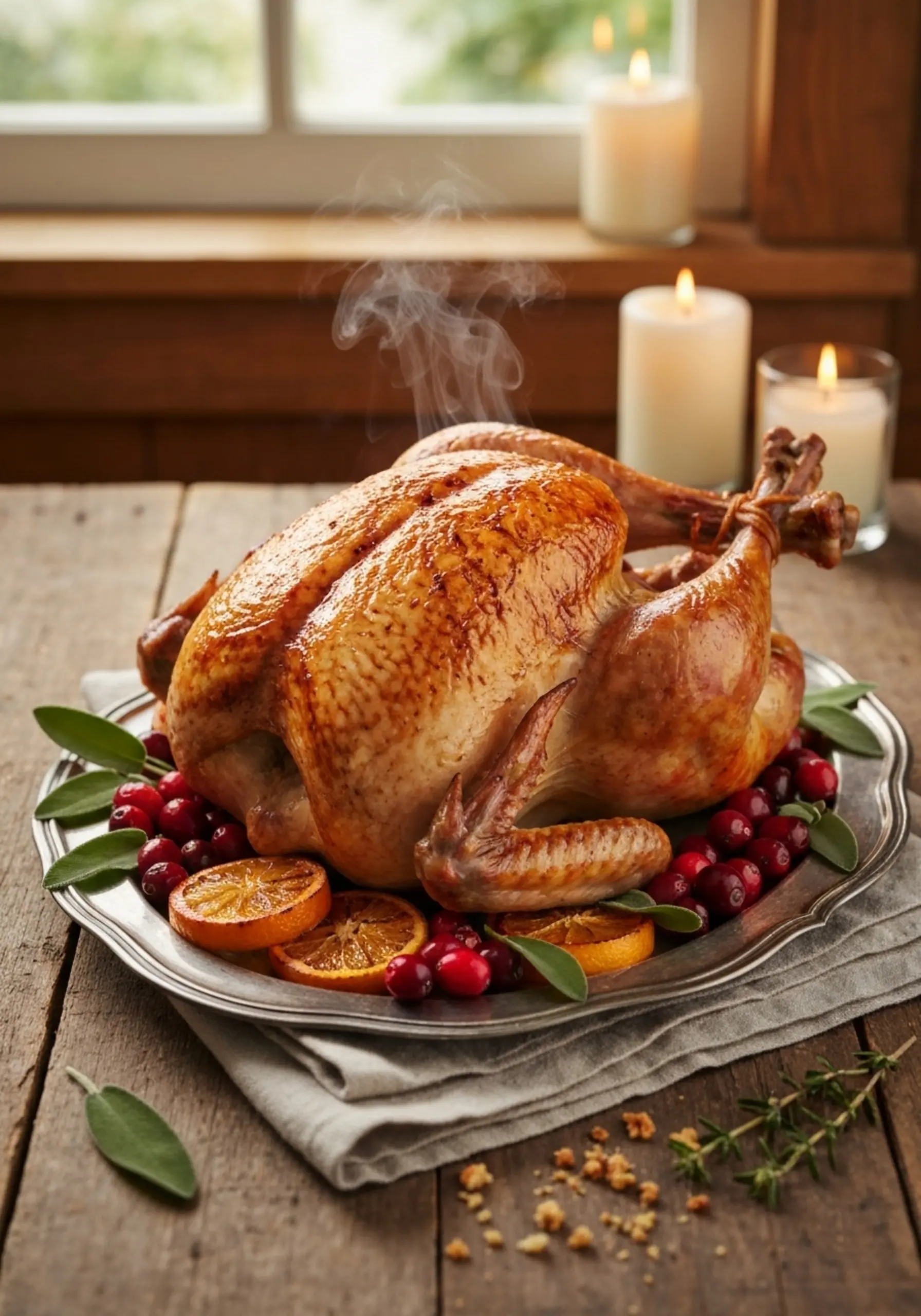 P whole garnishes image of a in on platter the brown golden fresh by oranges silver warm centered 1 table surrounded background cranberries roasted and turkey candlelight sage