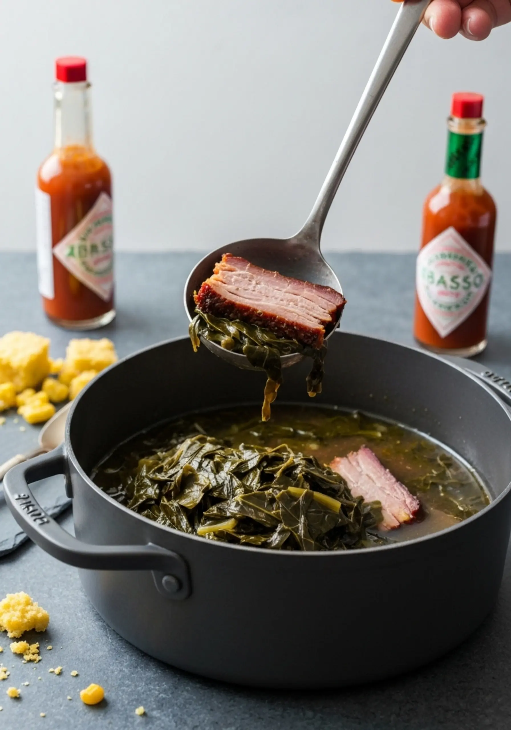 Lifting p pot silky dark ladle greens image piece and a of tender smoked from 12 meat