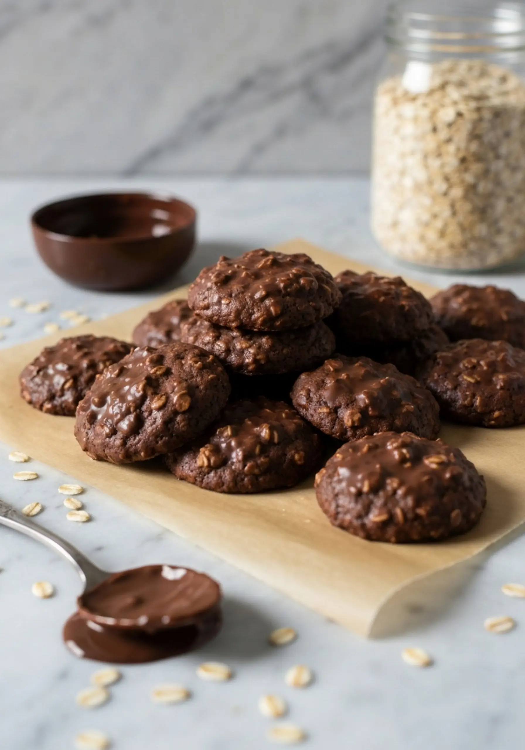 Oat wax paper p chocolate cookies image messy of a pile 13 on