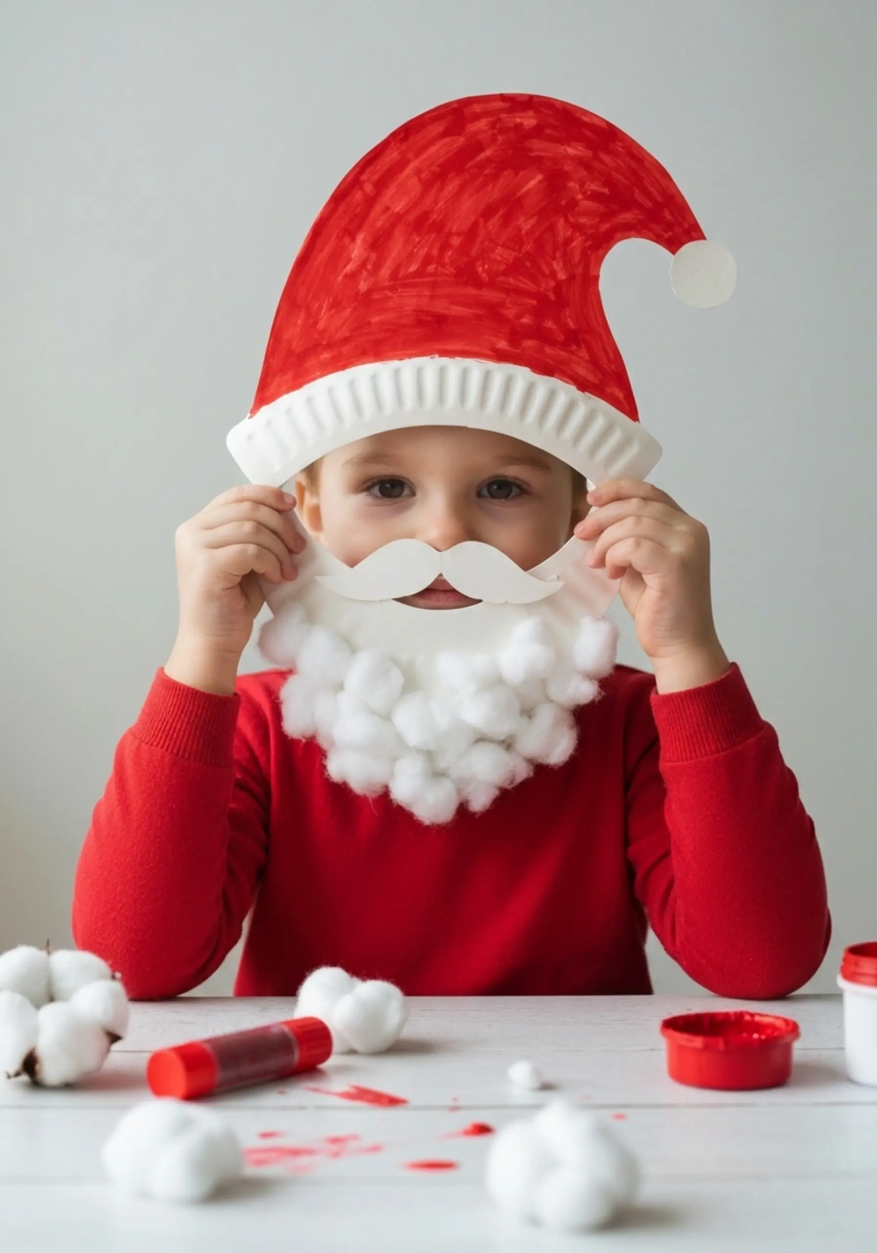 Child holding paper plate santa mask