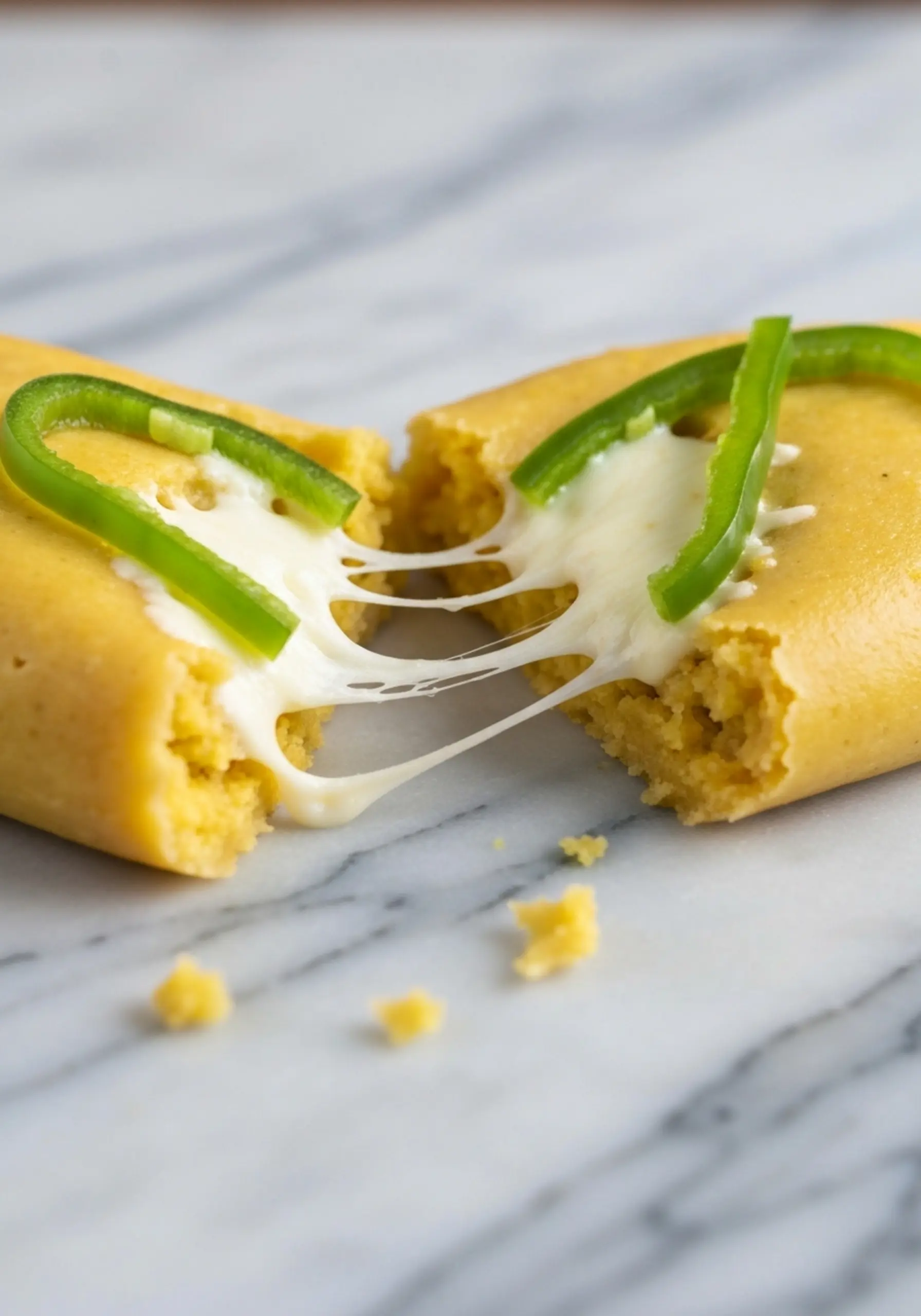 Showing p cheese white yellow up image against of a bright broken the masa strips tamale 2 pepper melted strings and close green open