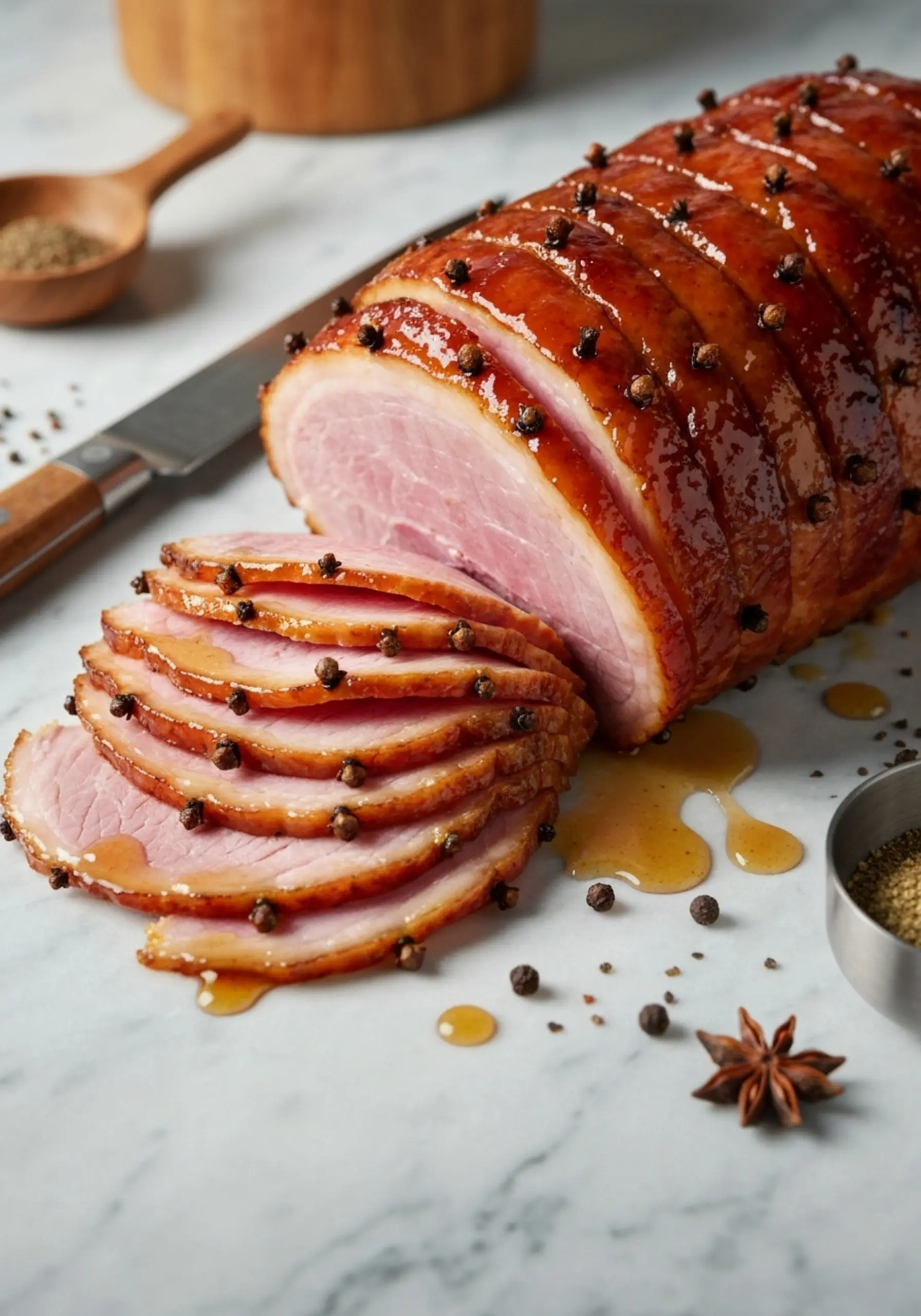 P up image of in fat studded the cloves glistening slices 2 spiral away pulling visible close glaze with