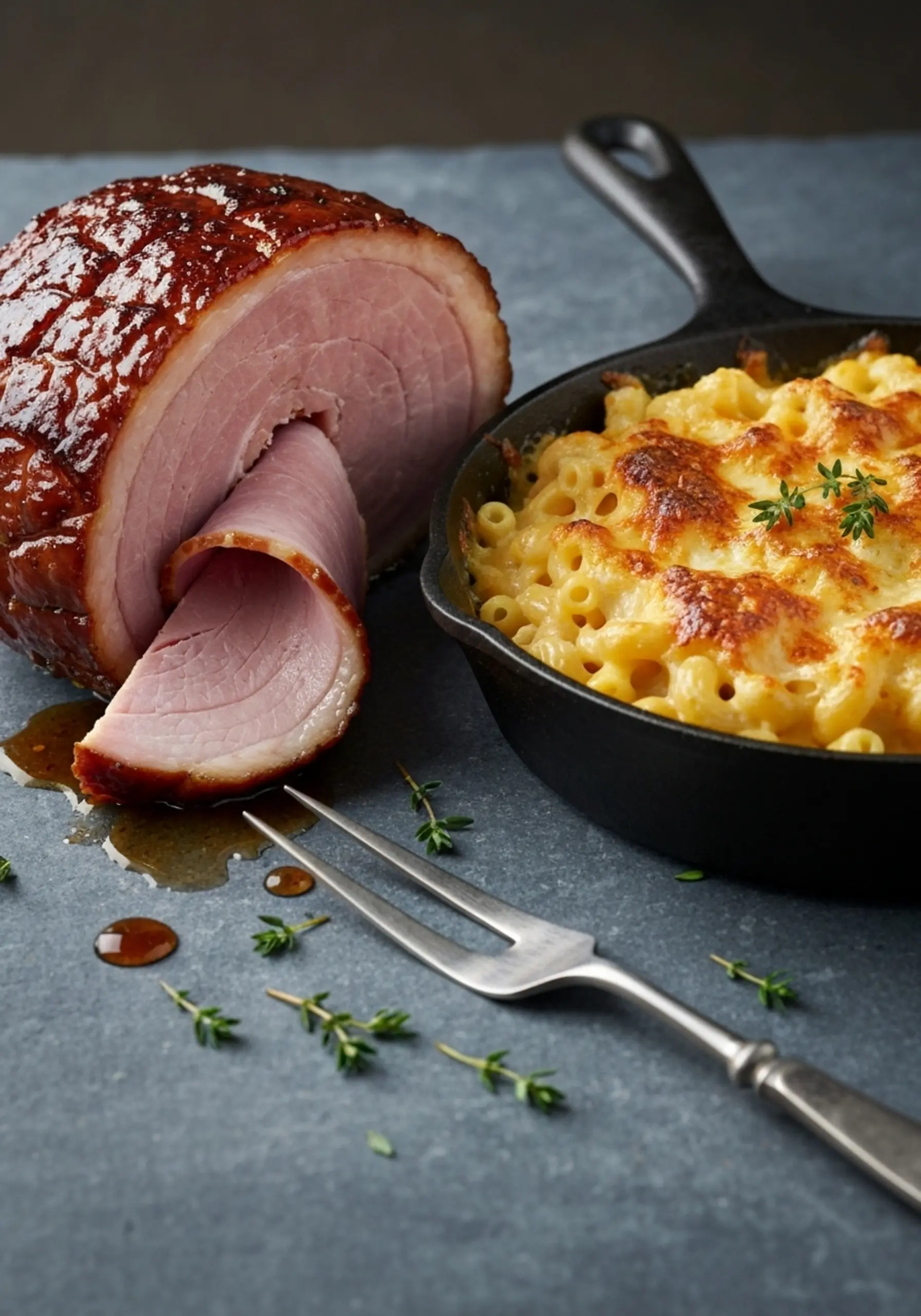 P cheese up image of a bubbly next ham being golden glistening slice mac 2 spiral away to iron and cast pulled close glaze with skillet