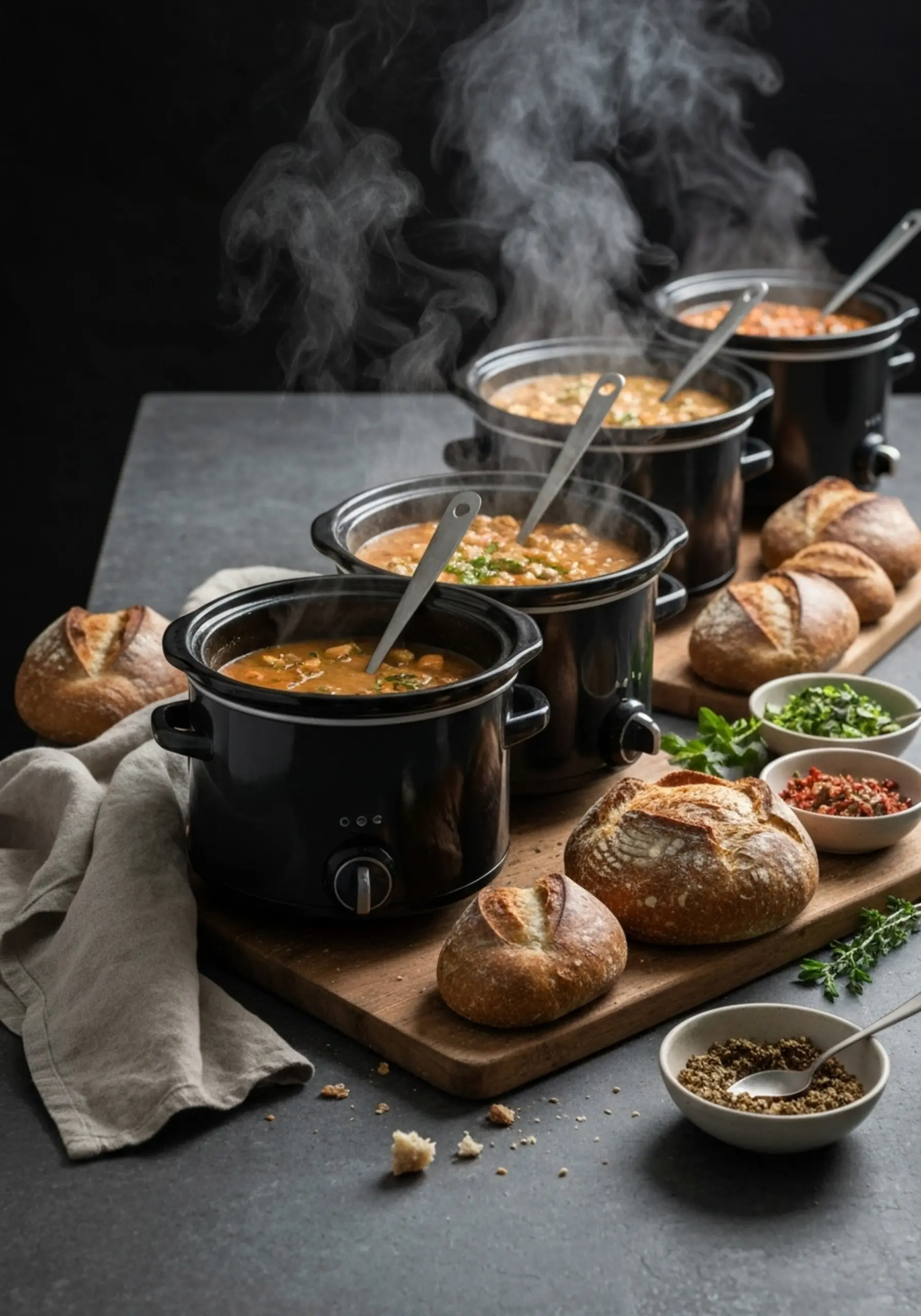 P rising pots up image of bread the lined bowls by small toppings steam 2 three surrounded ladles loaves crusty cookers and slow from with