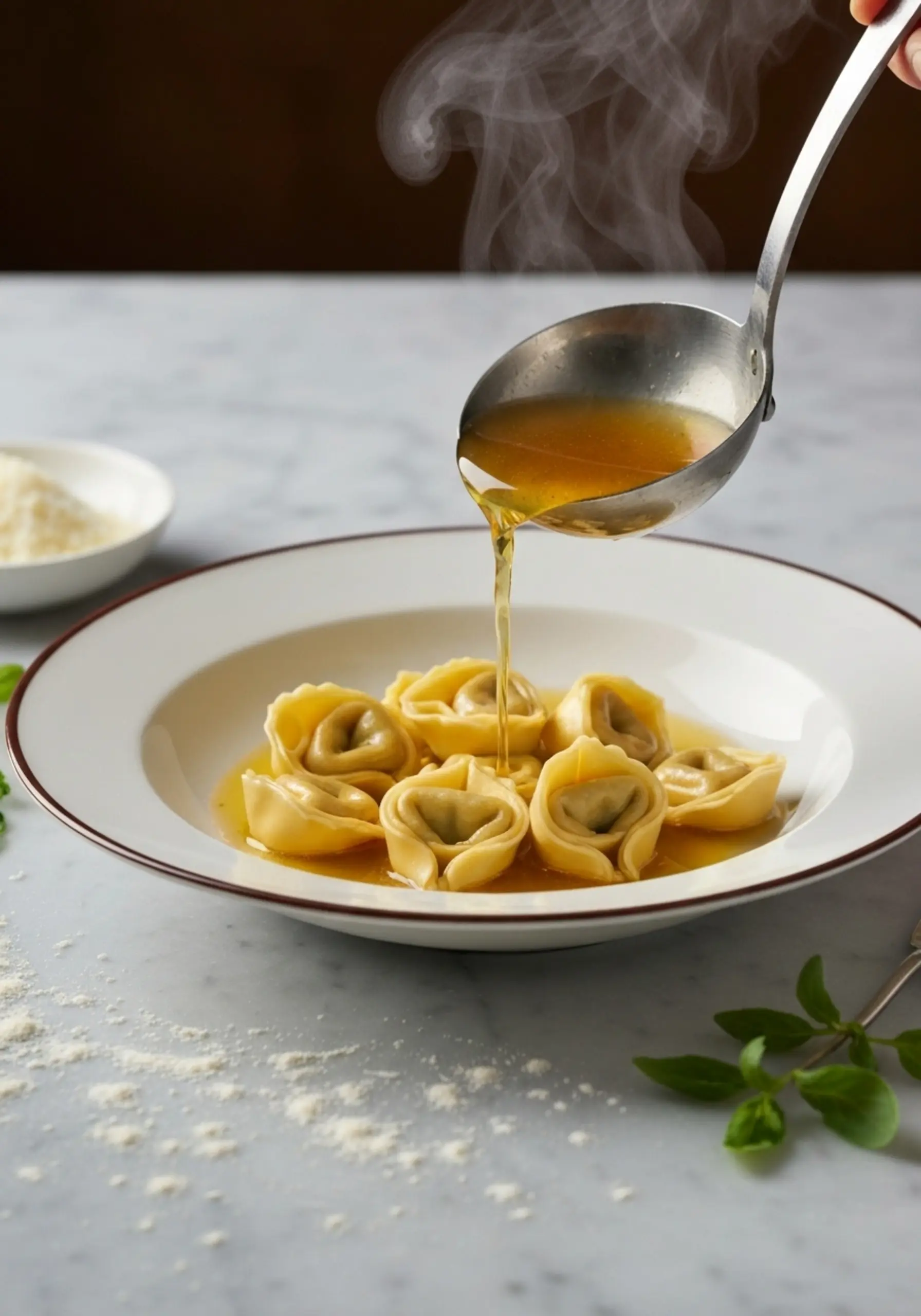P white up image of a in on bowl broth the ladle golden side handmade over 2 pouring rimmed parmesan close tortellini with
