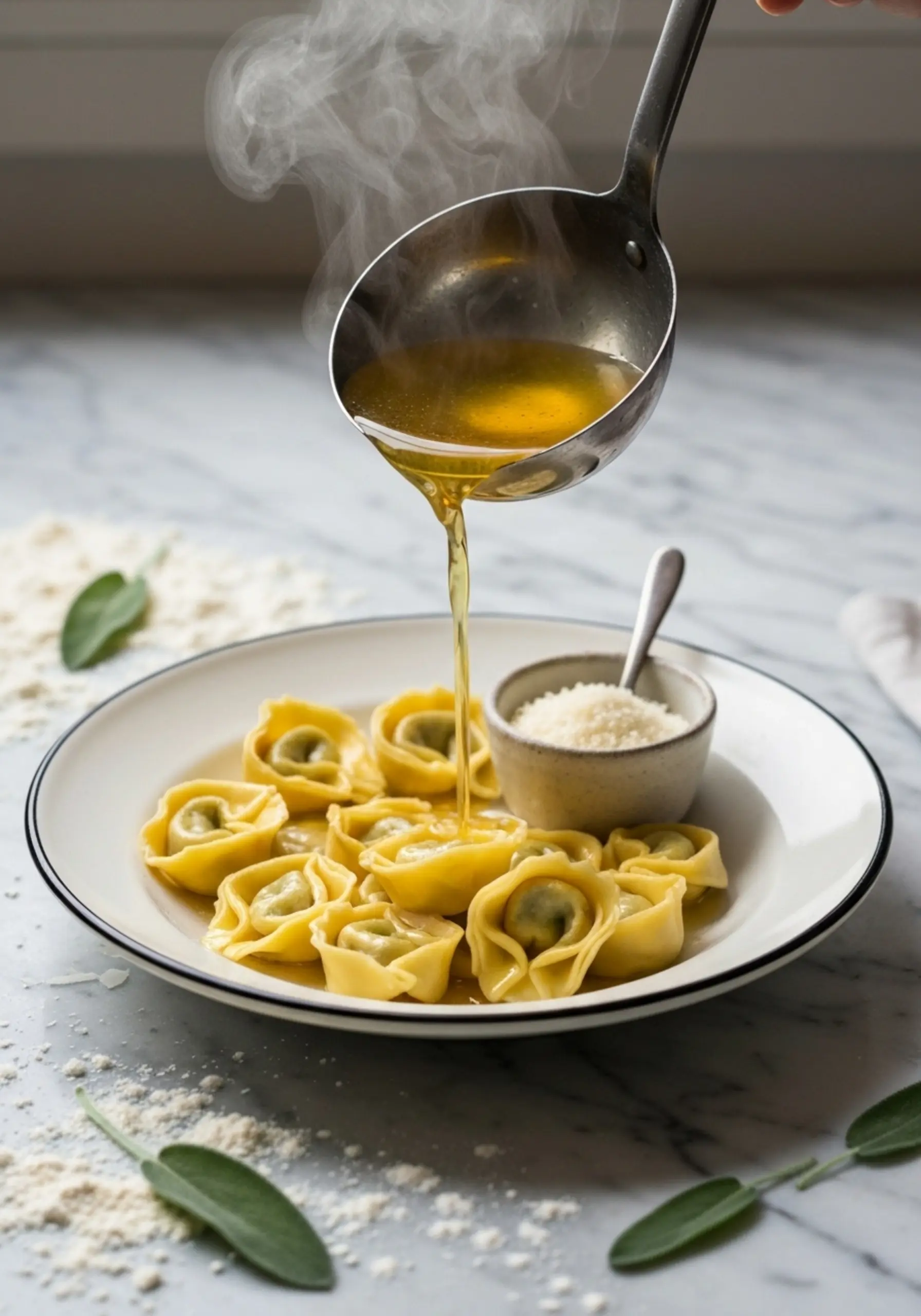 P white up image of a in on bowl broth the ladle golden side handmade over 2 pouring rimmed parmesan close tortellini with
