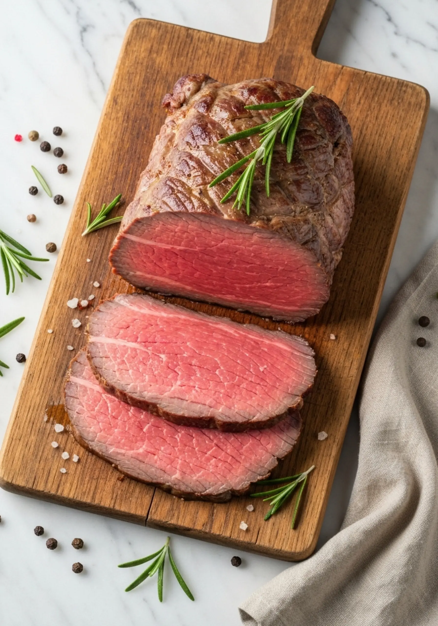 P whole image a on wall board rare the center fresh cutting medium 2 to sprigs reveal sliced wooden roast rosemary with