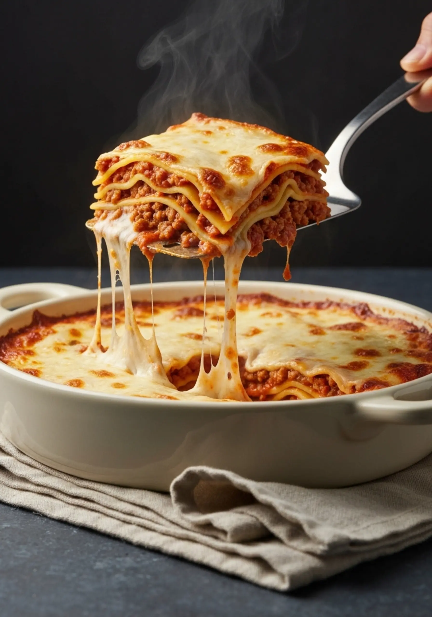 P rising image of a cheesy dish lifting deep sauce ceramic steam 3 heavy square and spatula dripping lasagna from with