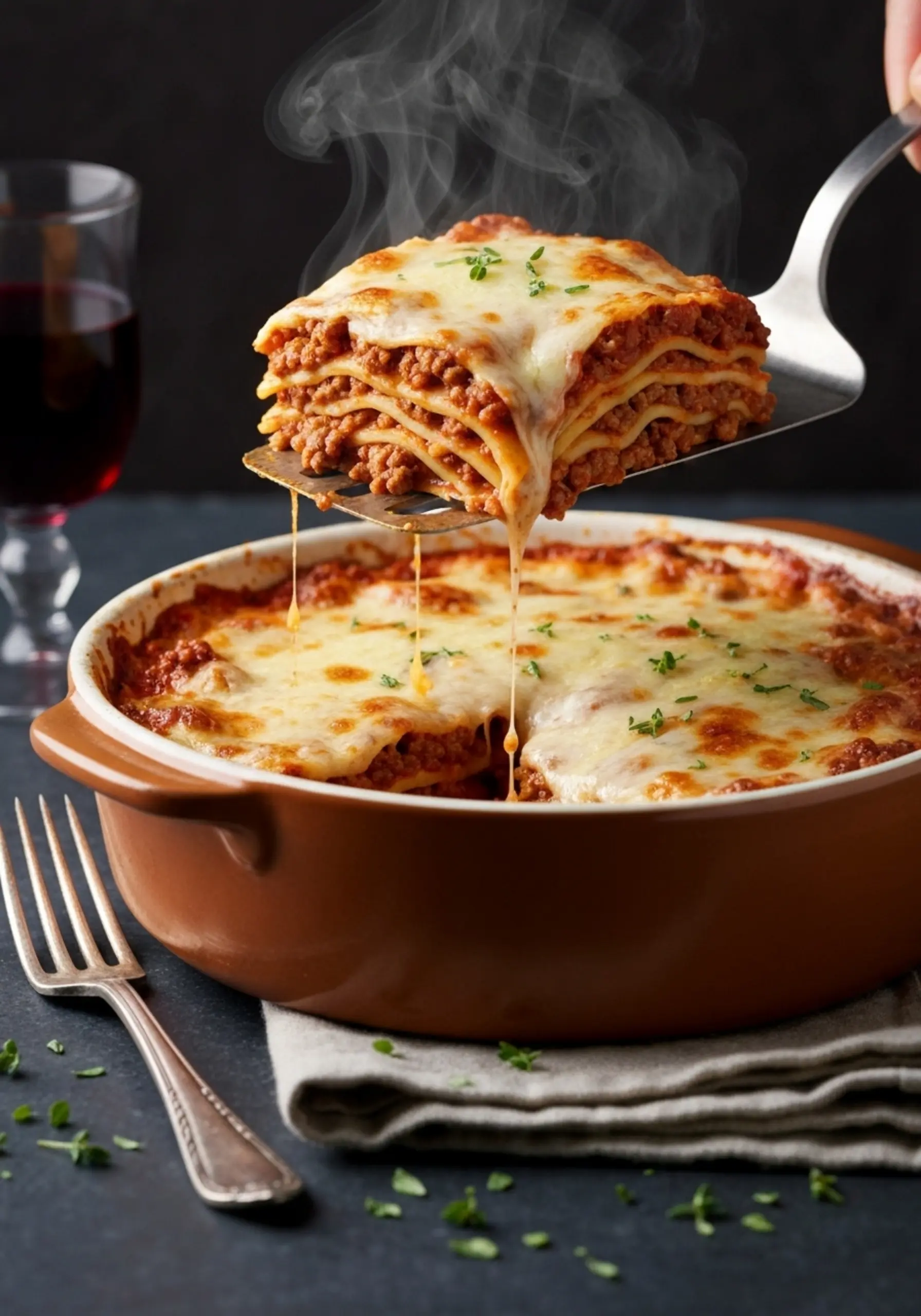 P rising image of a cheesy dish lifting deep sauce ceramic steam 3 heavy square and spatula dripping lasagna from with