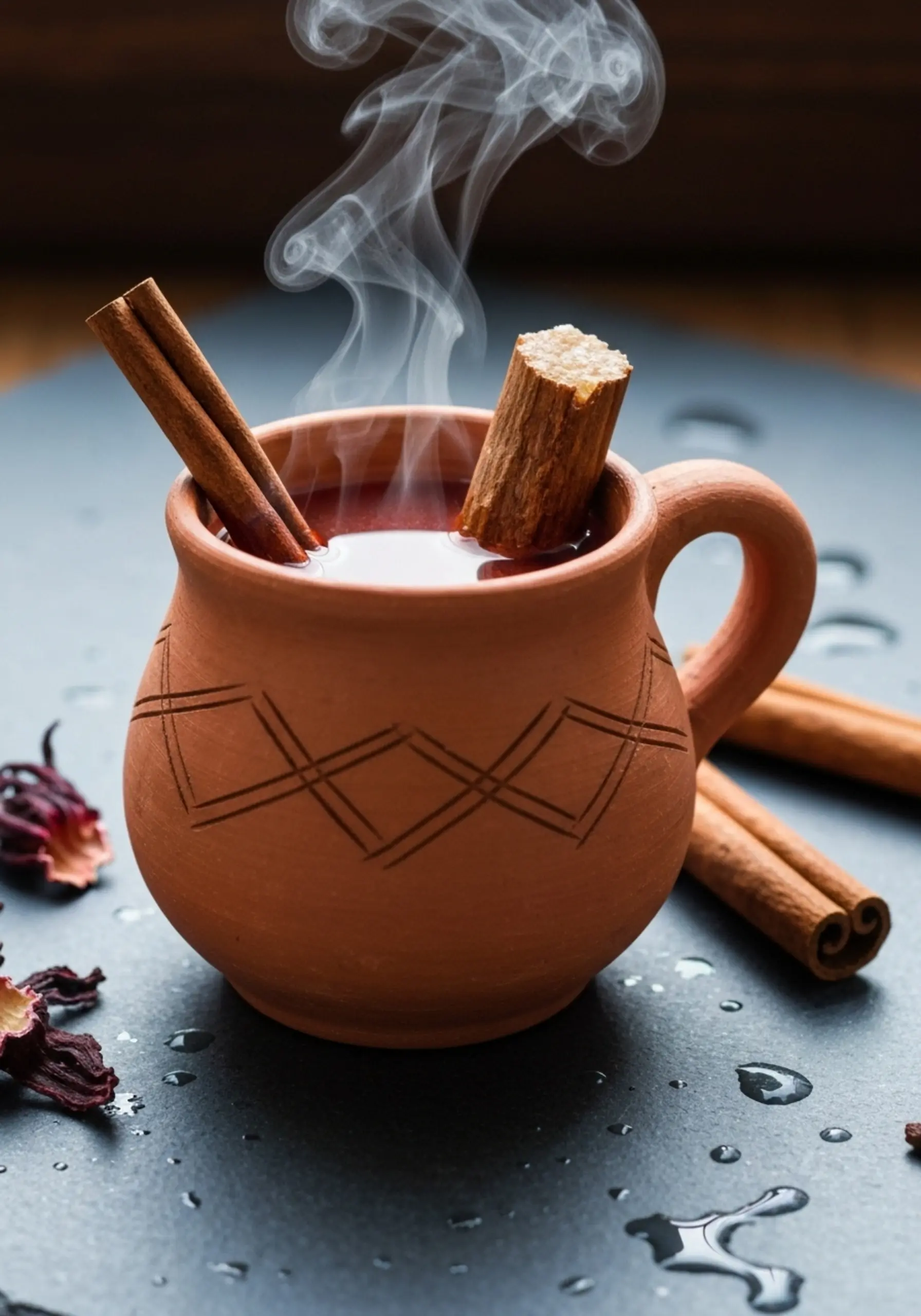 P image of a jarrito garnished cane sugar brown stick mug filled reddish 3 clay and chunk cinnamon with punch