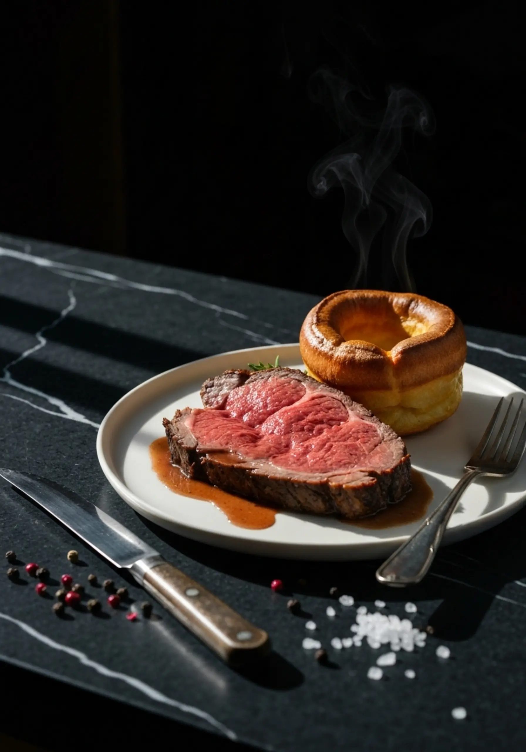 P white image of a on rare dark rich slice medium 3 drizzle pudding yorkshire lighting and fluffy jus prime plate moody with rib