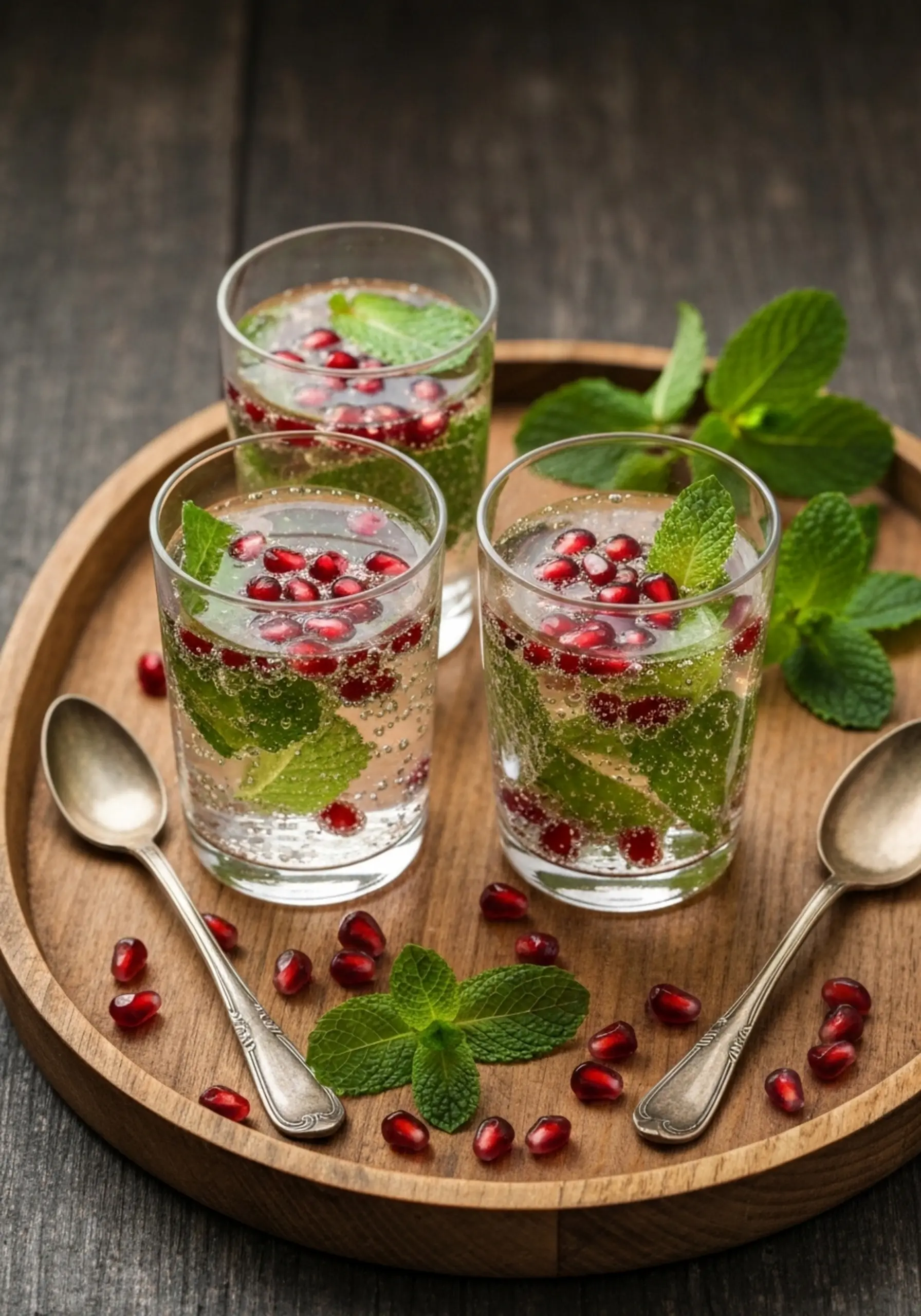 Mint serving p tray image of a garnished pomegranate on bubbles the fresh floating 3 three and glasses wooden arils group with among