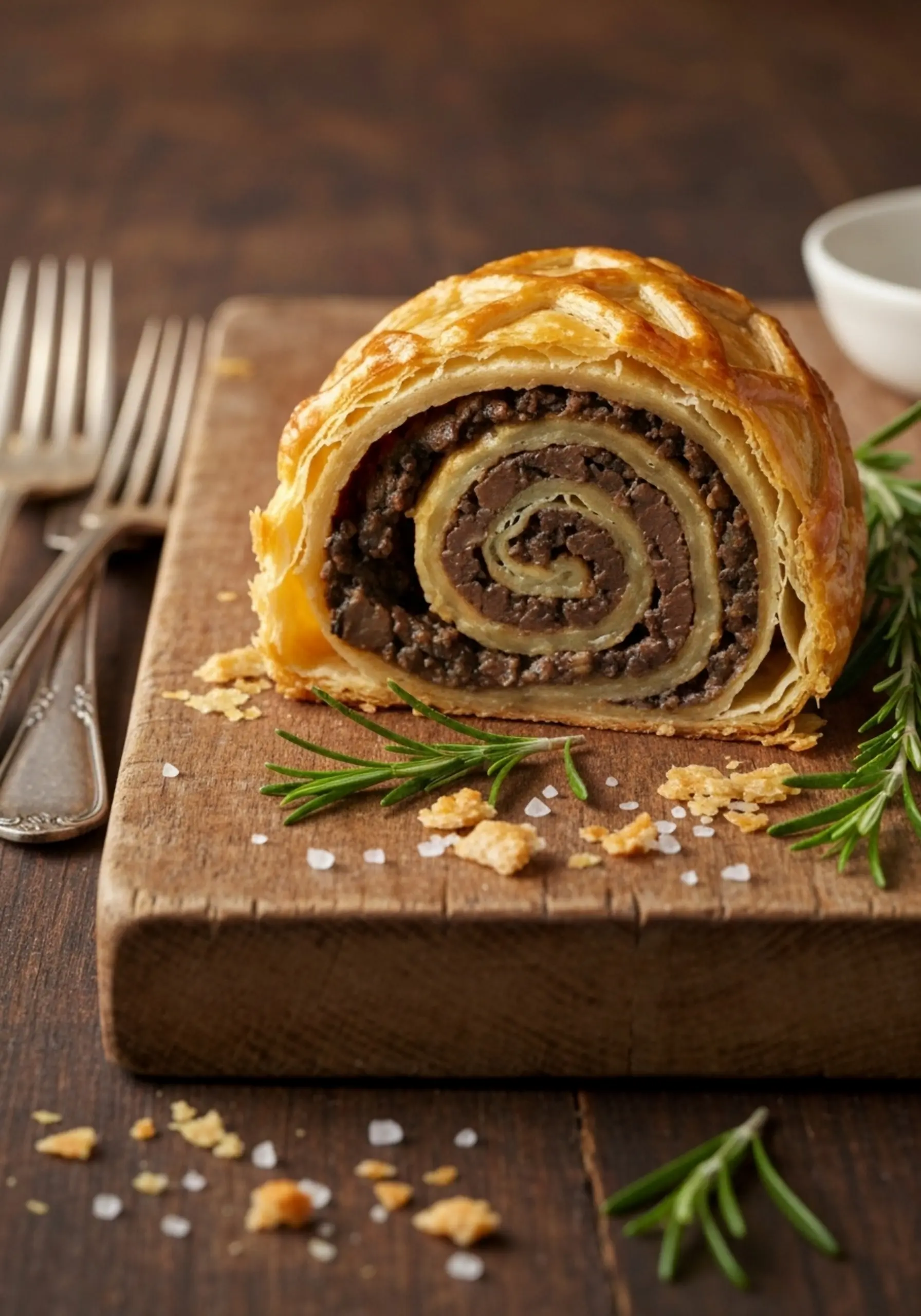 Cut showing p image of a on board dark the fresh pastry mushroom 4 spiral sprigs section and plated wooden rosemary wellington filling cross with