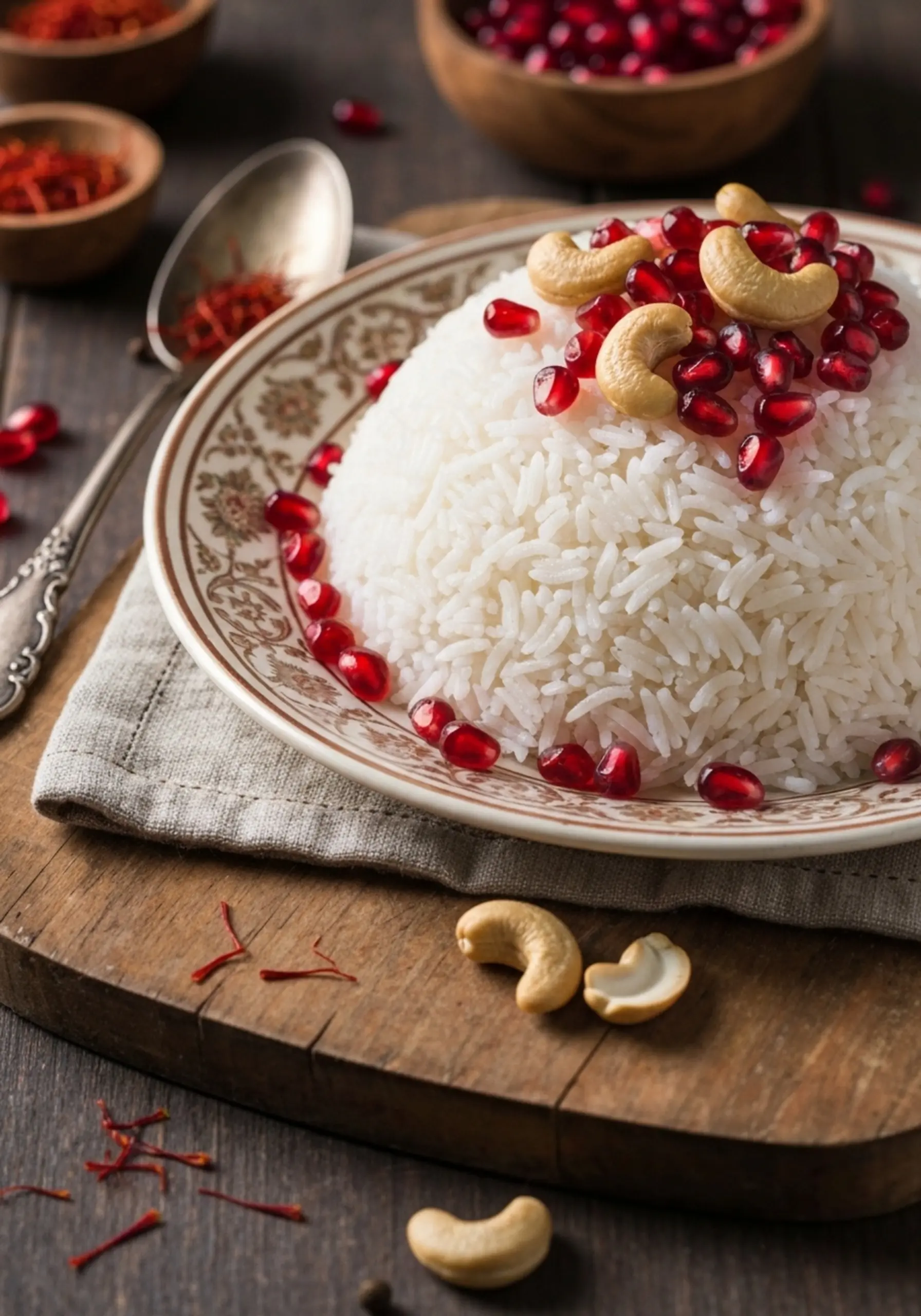 P cashews dotted image a pomegranate on ruby seeds platter golden rice 4 roasted high and red fluffy piled with
