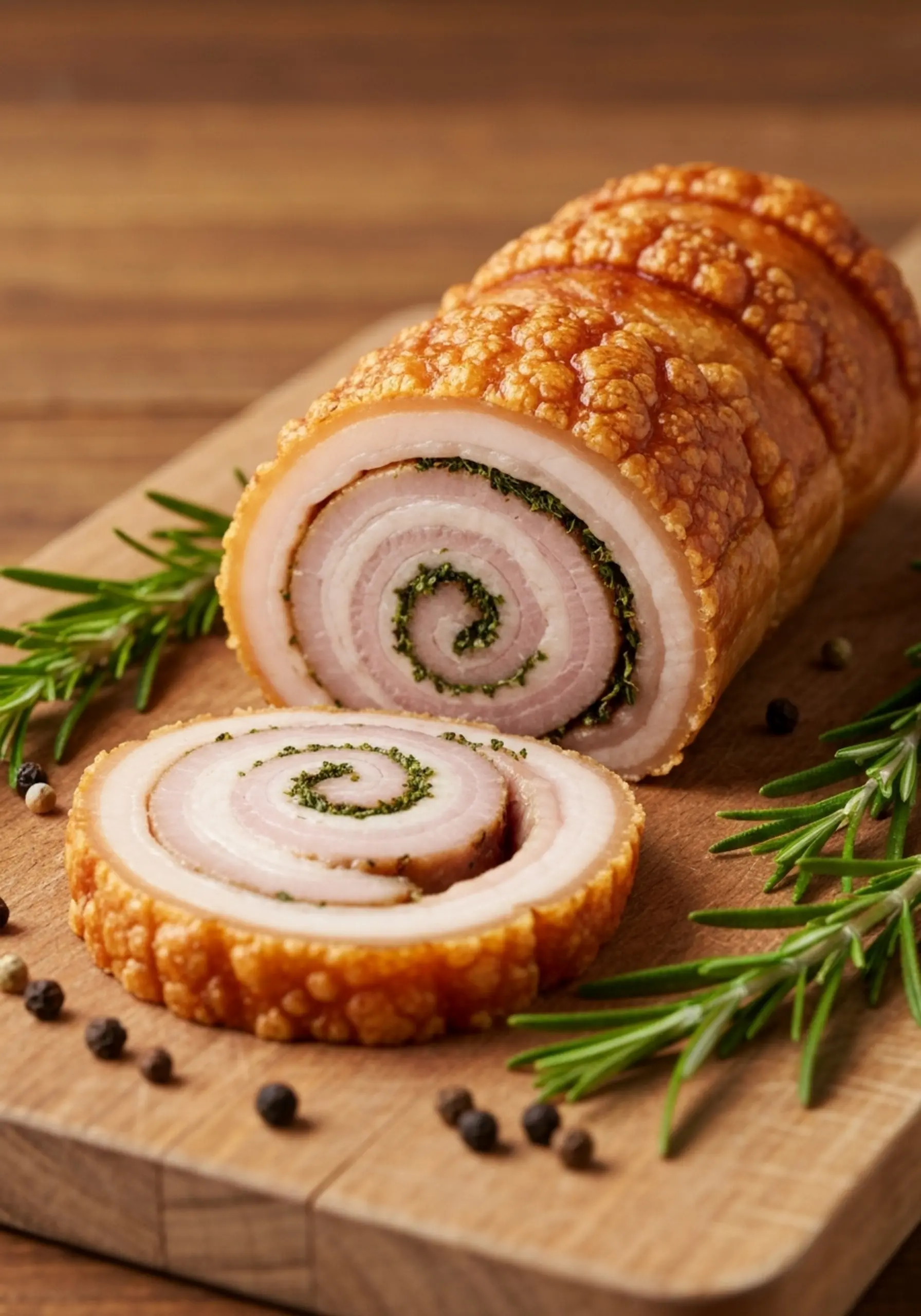 Showing p porchetta image of a on horizontal board the 4 spiral herb sprigs sliced served shot wooden rosemary with roll