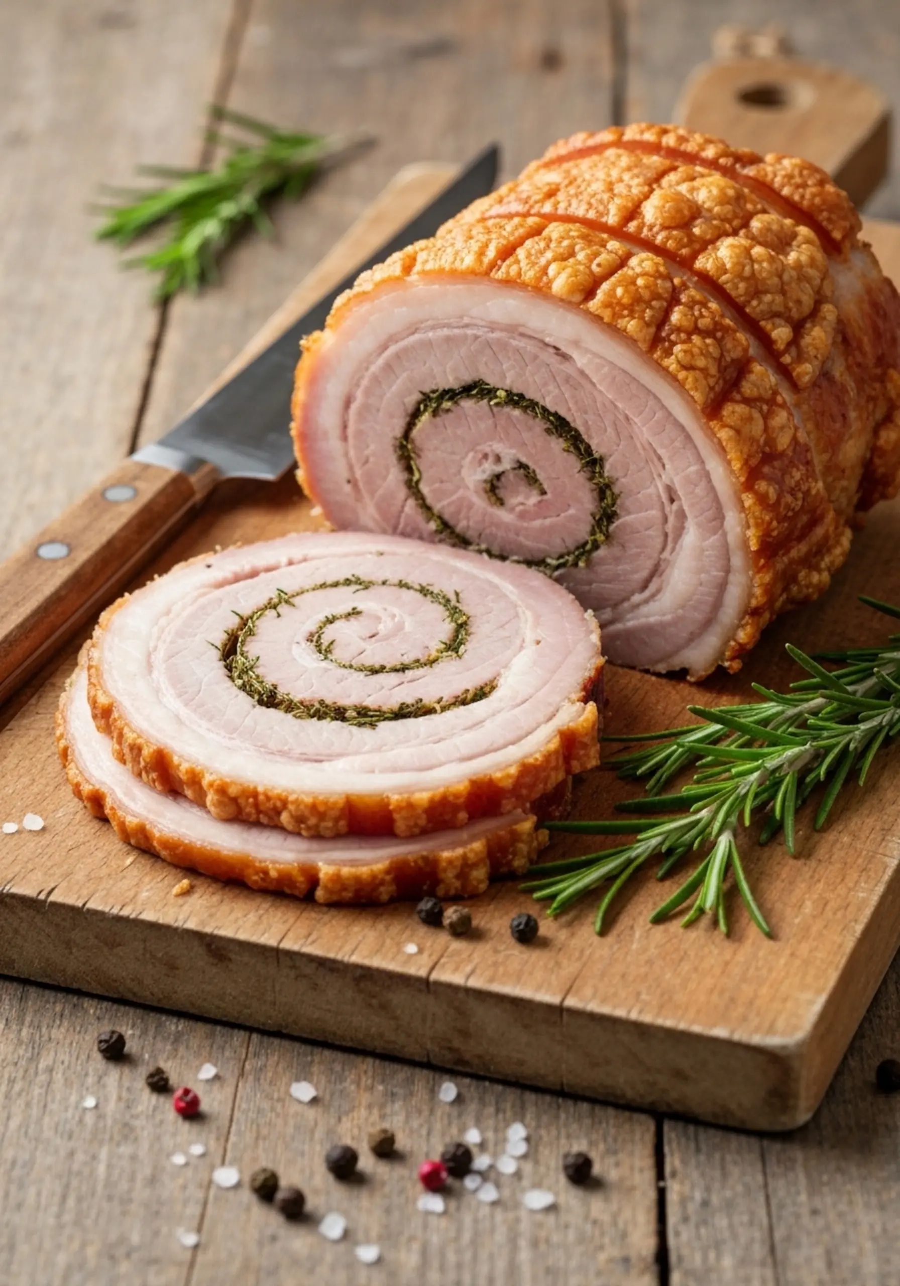 Showing p porchetta image of a on horizontal board the 4 spiral herb sprigs sliced served shot wooden rosemary with roll