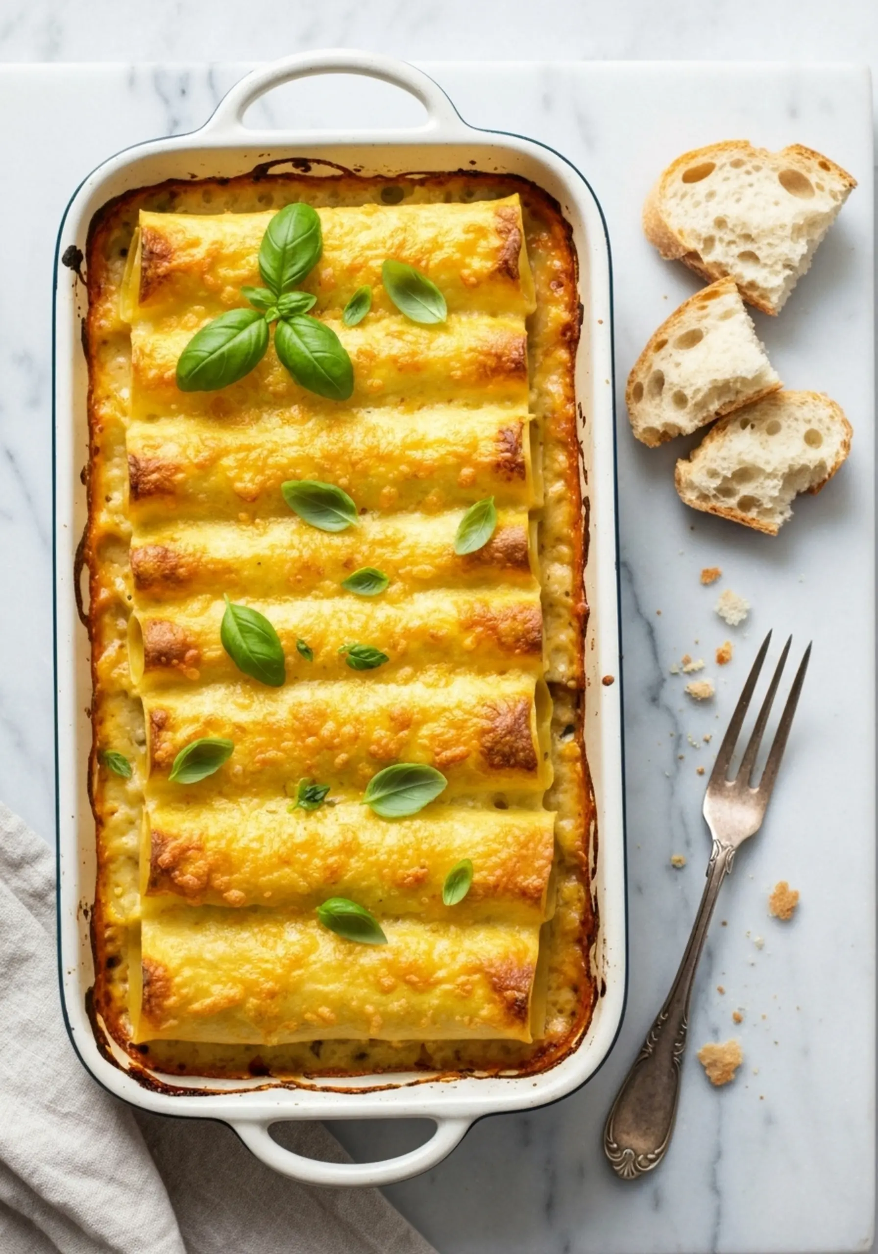 Cannelloni p image of a on down baked bread basil scattered golden fresh side 5 leaves crusty and shot top with