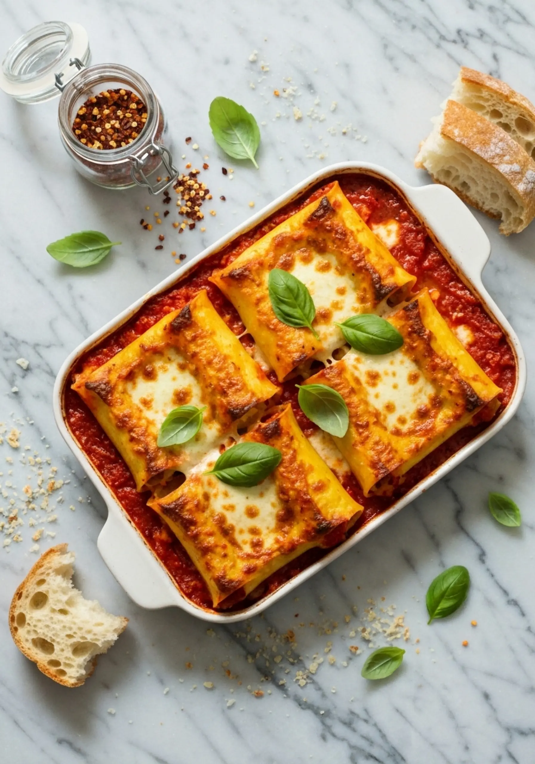 Cannelloni p image of a on down baked bread basil scattered golden fresh side 5 leaves crusty and shot top with